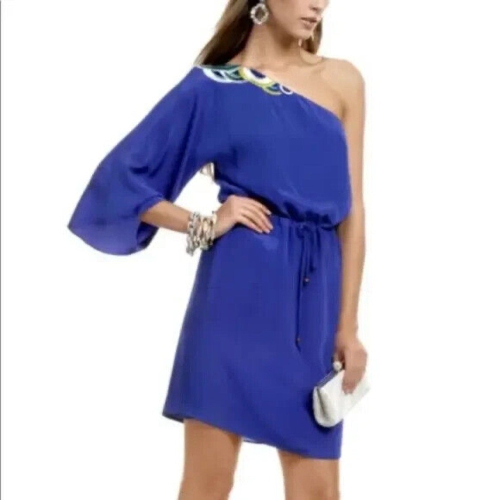 Trina Turk Santa Cruz Silk Sun Dress One Shoulder Embroidered Blue - size 6