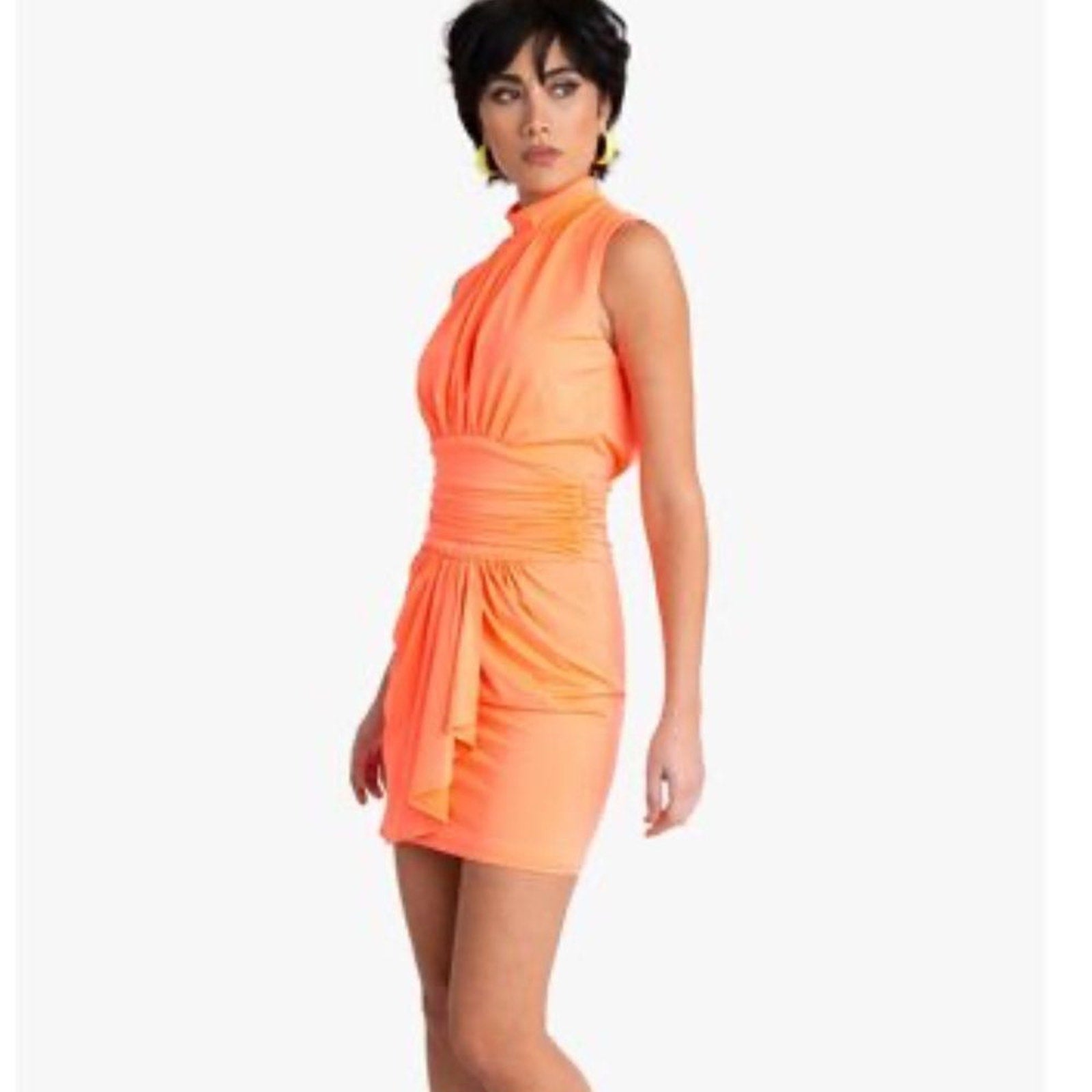 NEW Black Halo Women's Neon Salmon Orange Haiku Ruched Knit Mini Dress - size 10