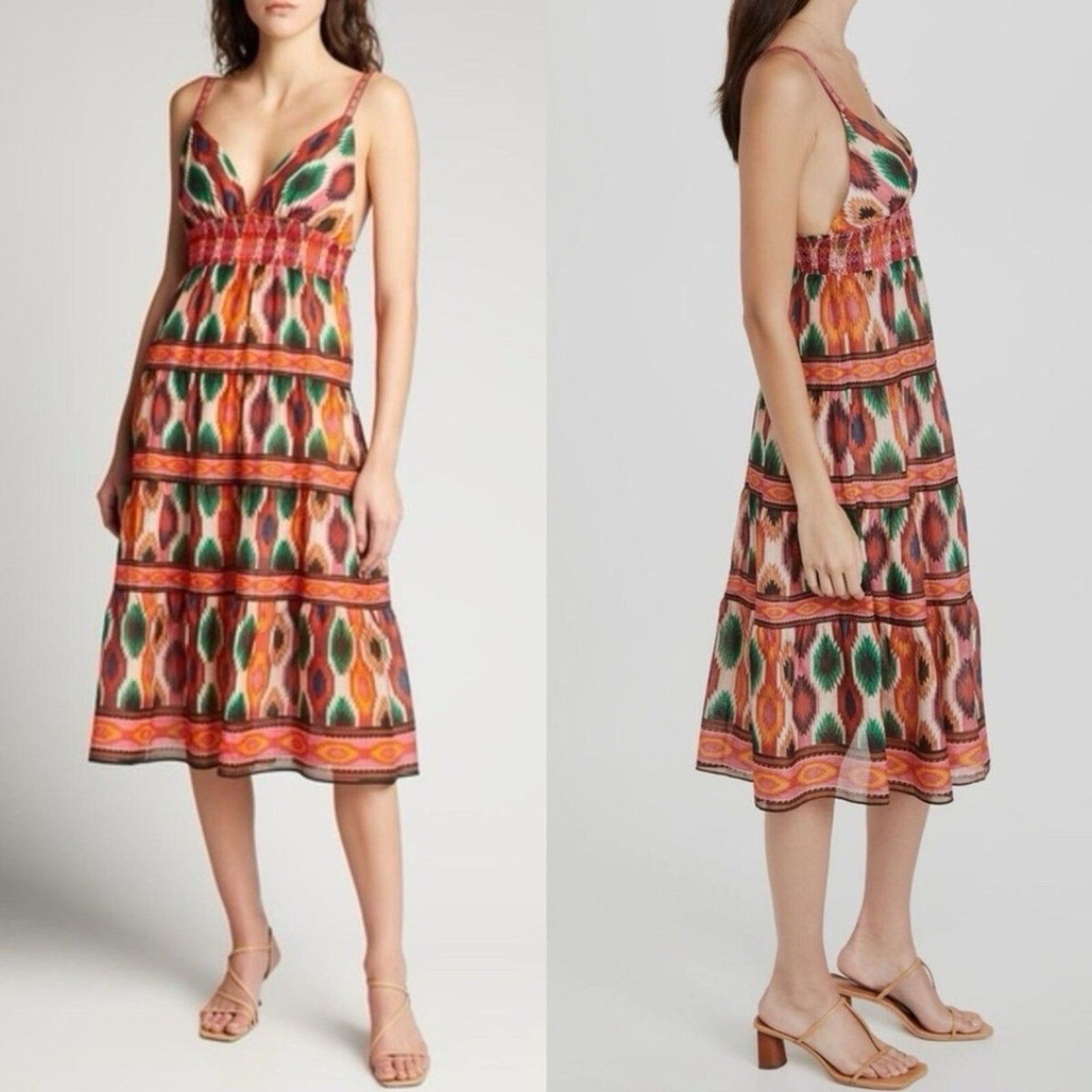 Alice + Olivia Santina Midi Dress V-neck Strap Tiered Cotton Silk - size XS