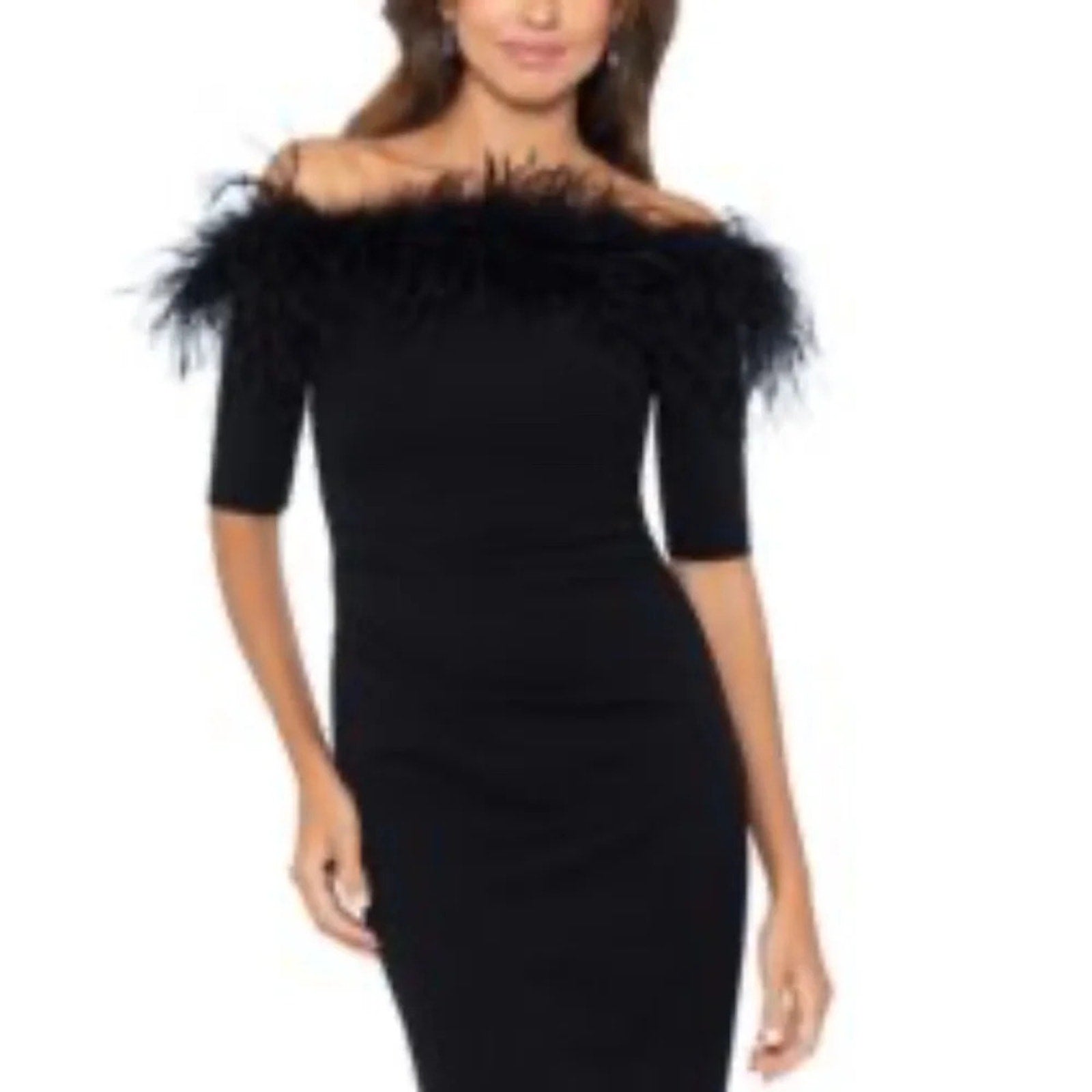 NWT XSCAPE Black Feather Trim Off the Shoulder Elbow Sleeve Velvet Sheath Dress