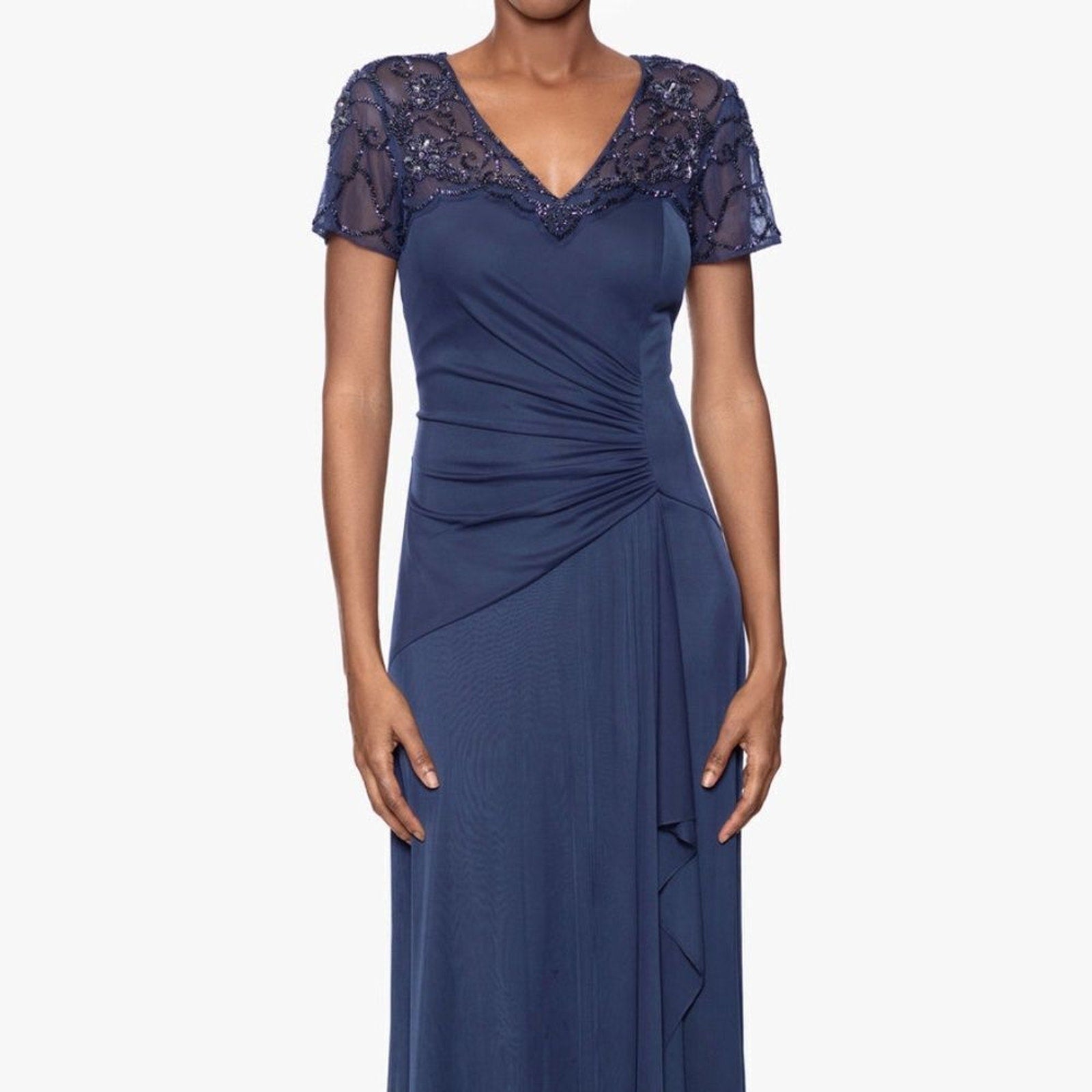 NWT Xscape "CARMEN" LONG SHEER MATTE JERSEY BEADED SHORT SLEEVE DRESS - size 10