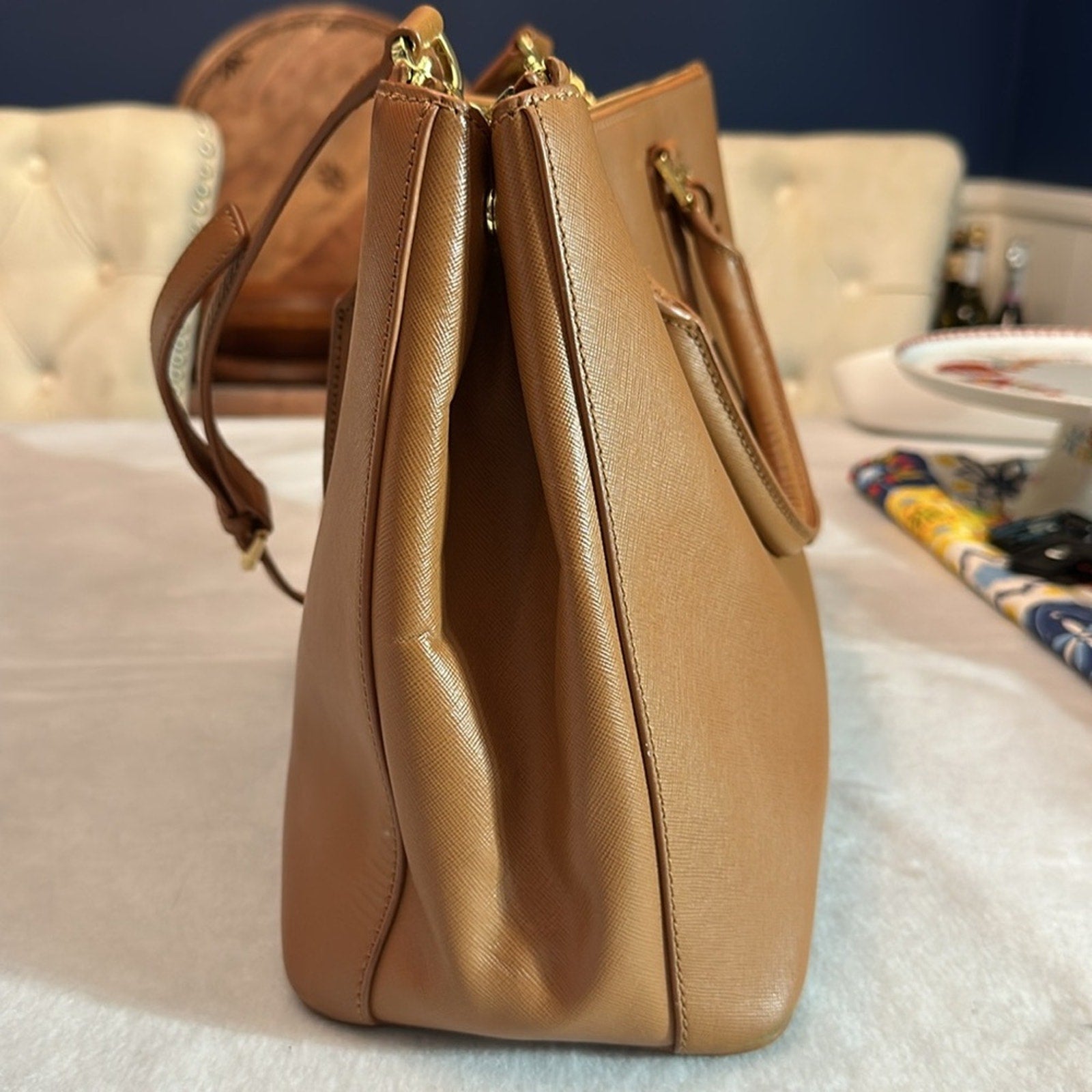 Tory Burch Saffiano Leather Top Handle Bag in caramel