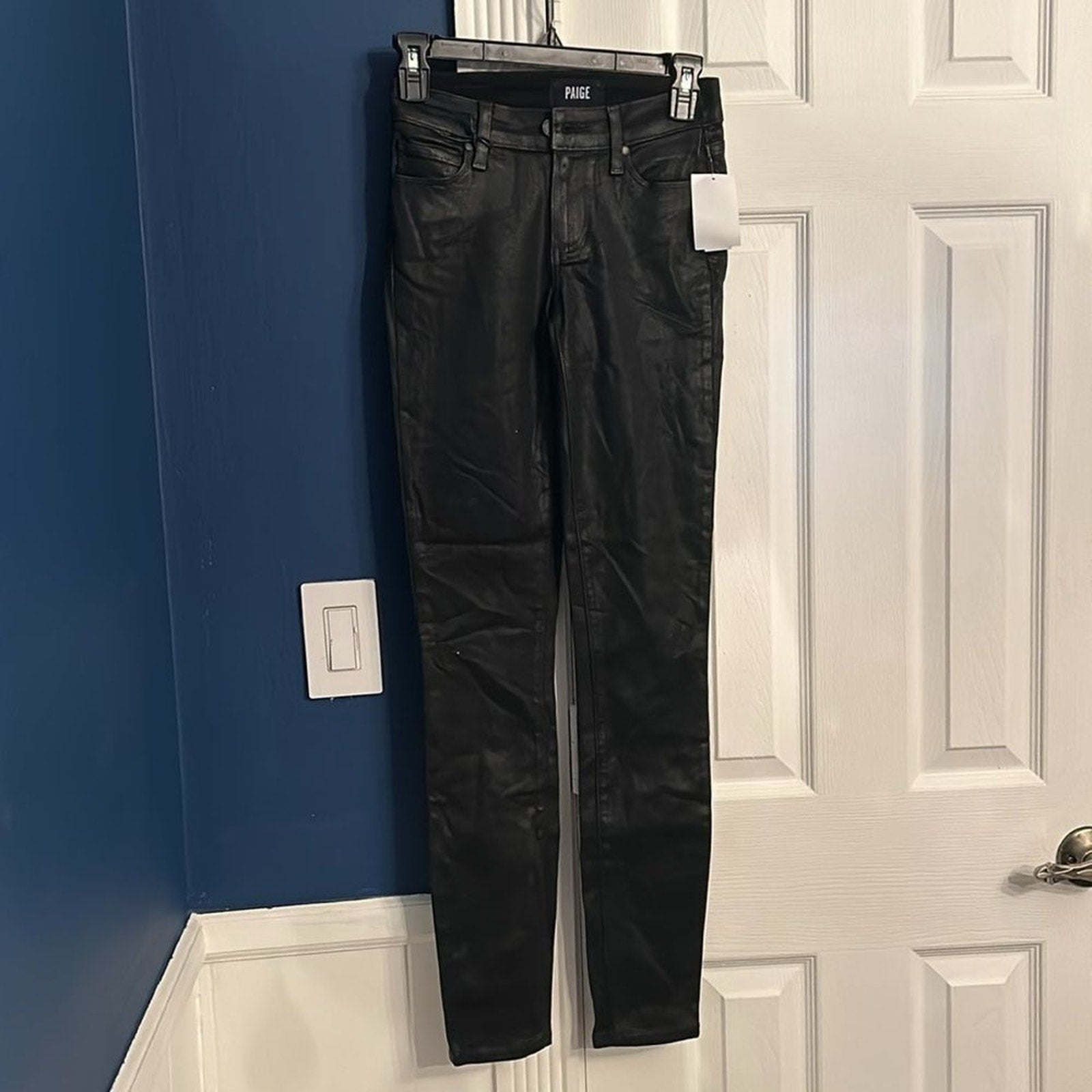 NEW PAIGE Black Wax Coated Verdugo Ultra Skinny Mid Rise Jeans