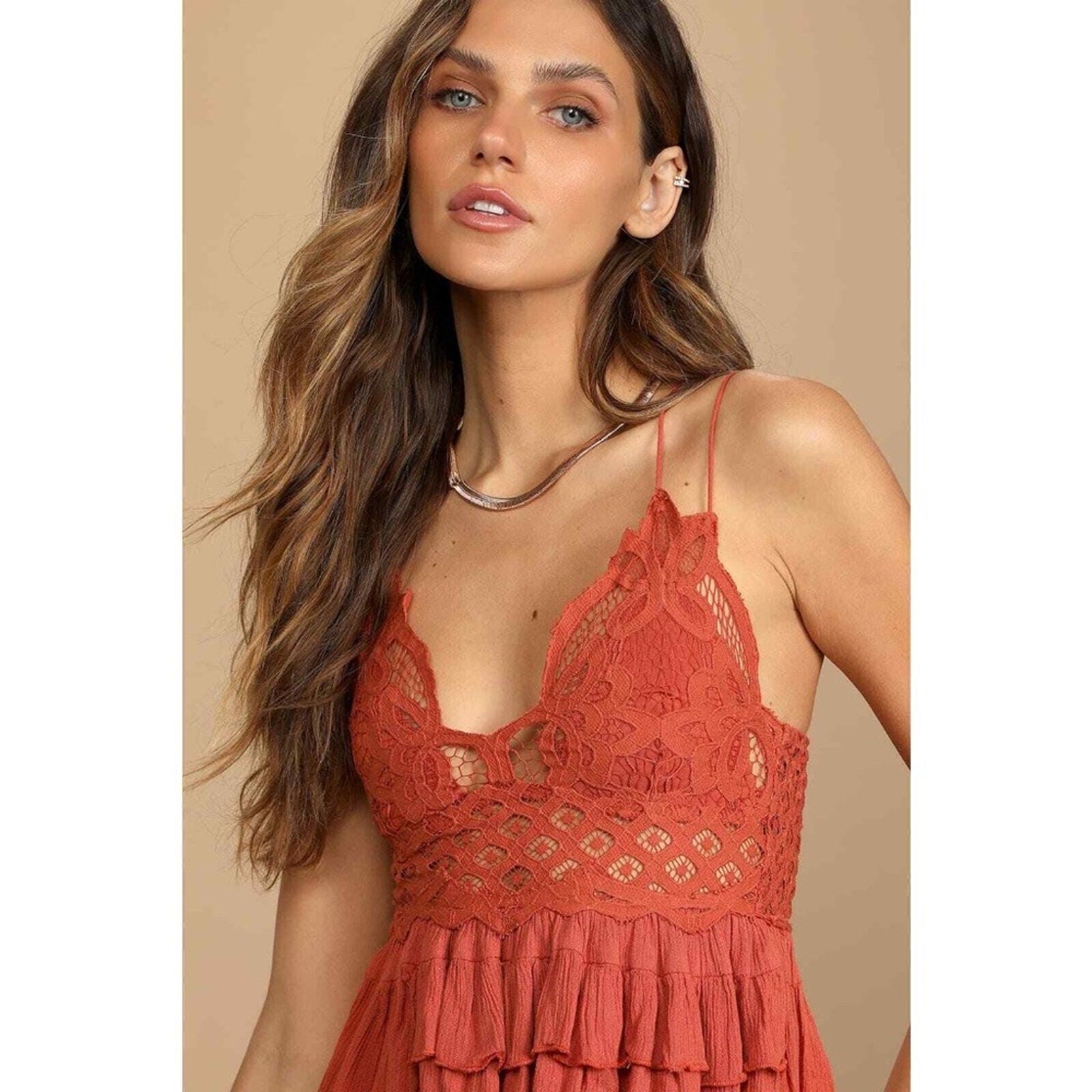 NWT Free People Women's Adella Cami Rust Orange Lace Ruffled Tank Top Size Large