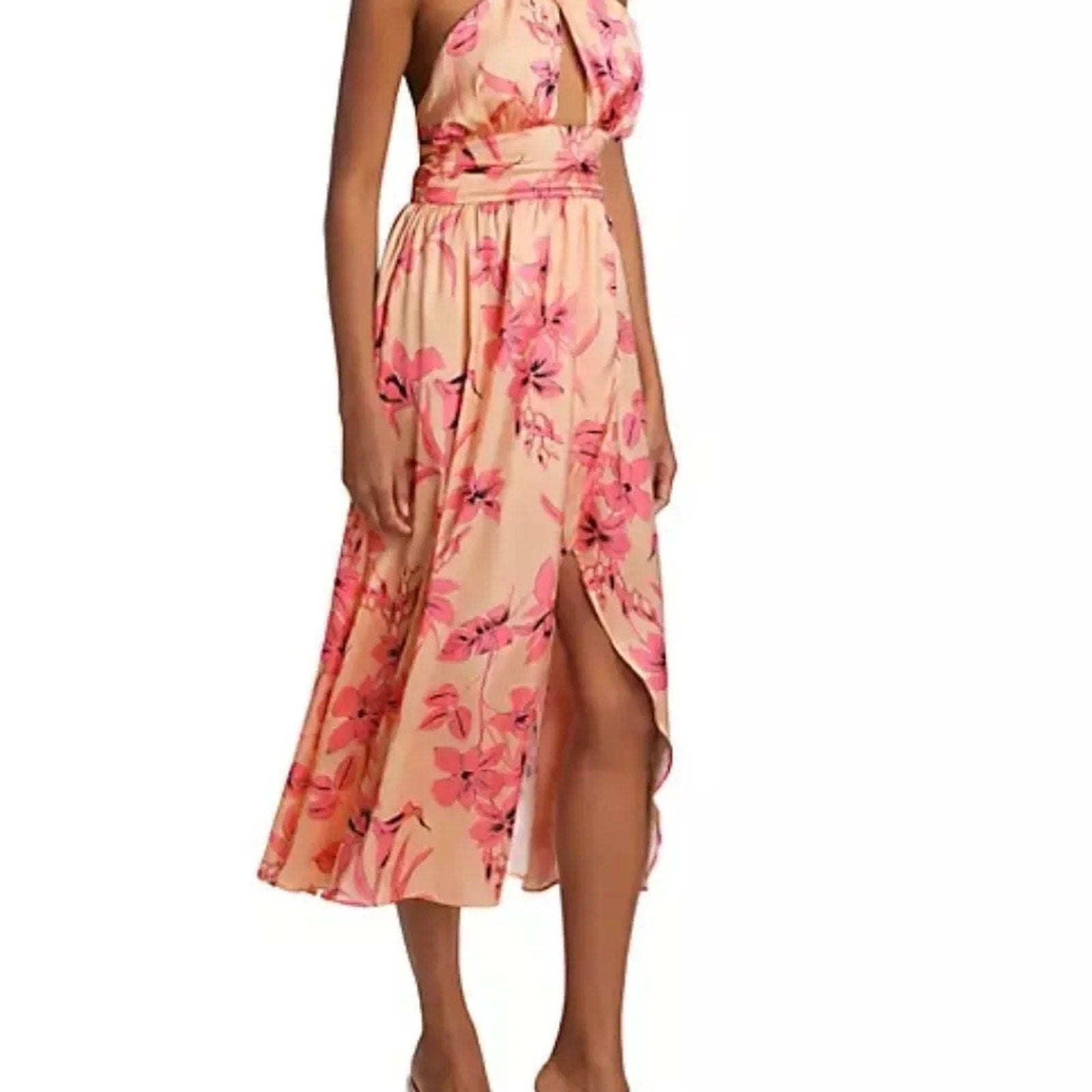 NWT $395 Ramy Brook Women's Pink Luna Floral Halter Neck Satin Dress - size 12
