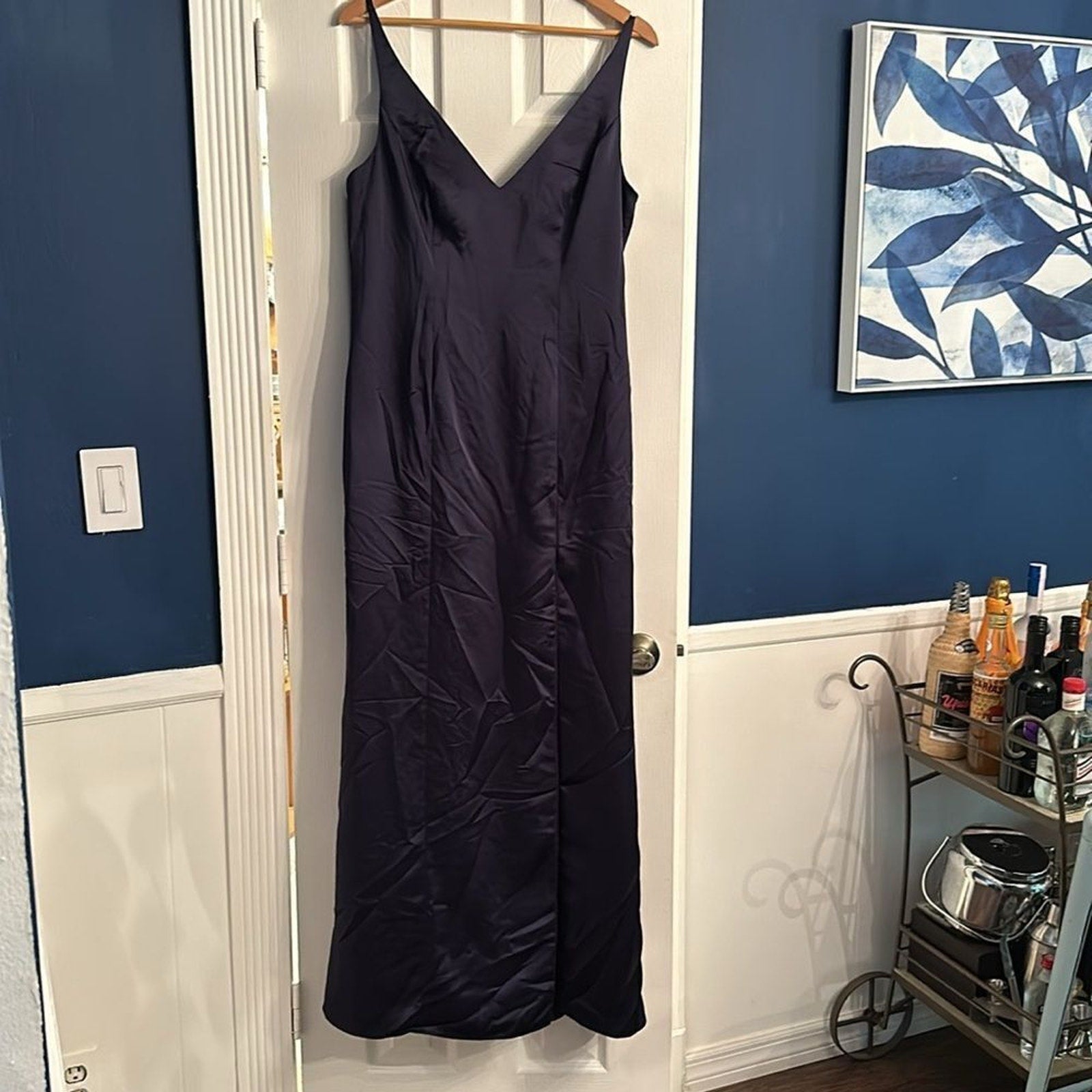 NEW After Six Draped Cowl-Back Princess Line Dress With Front Slit Midnight Navy