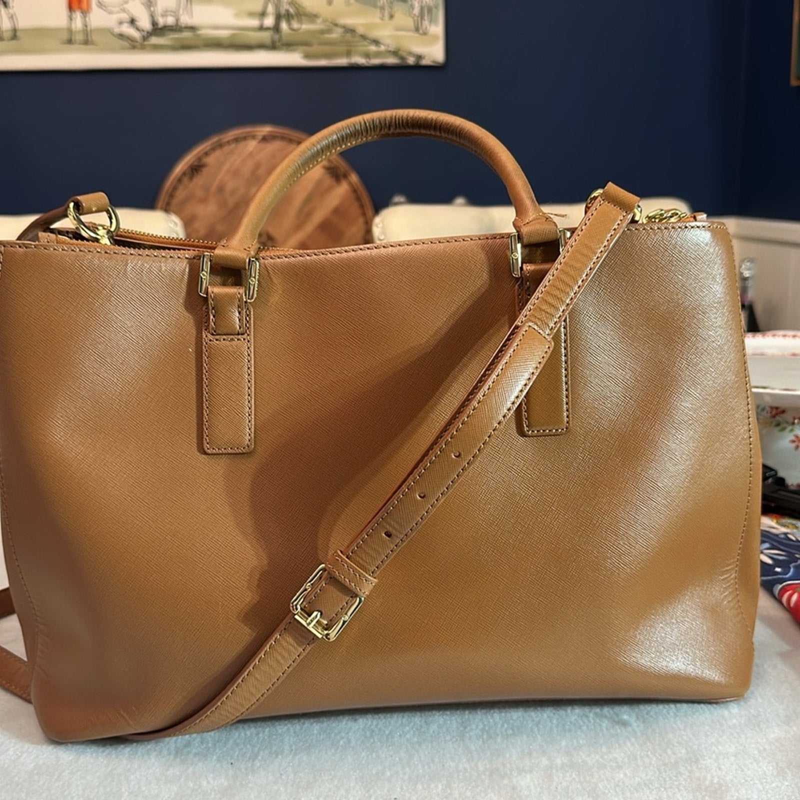 Tory Burch Saffiano Leather Top Handle Bag in caramel