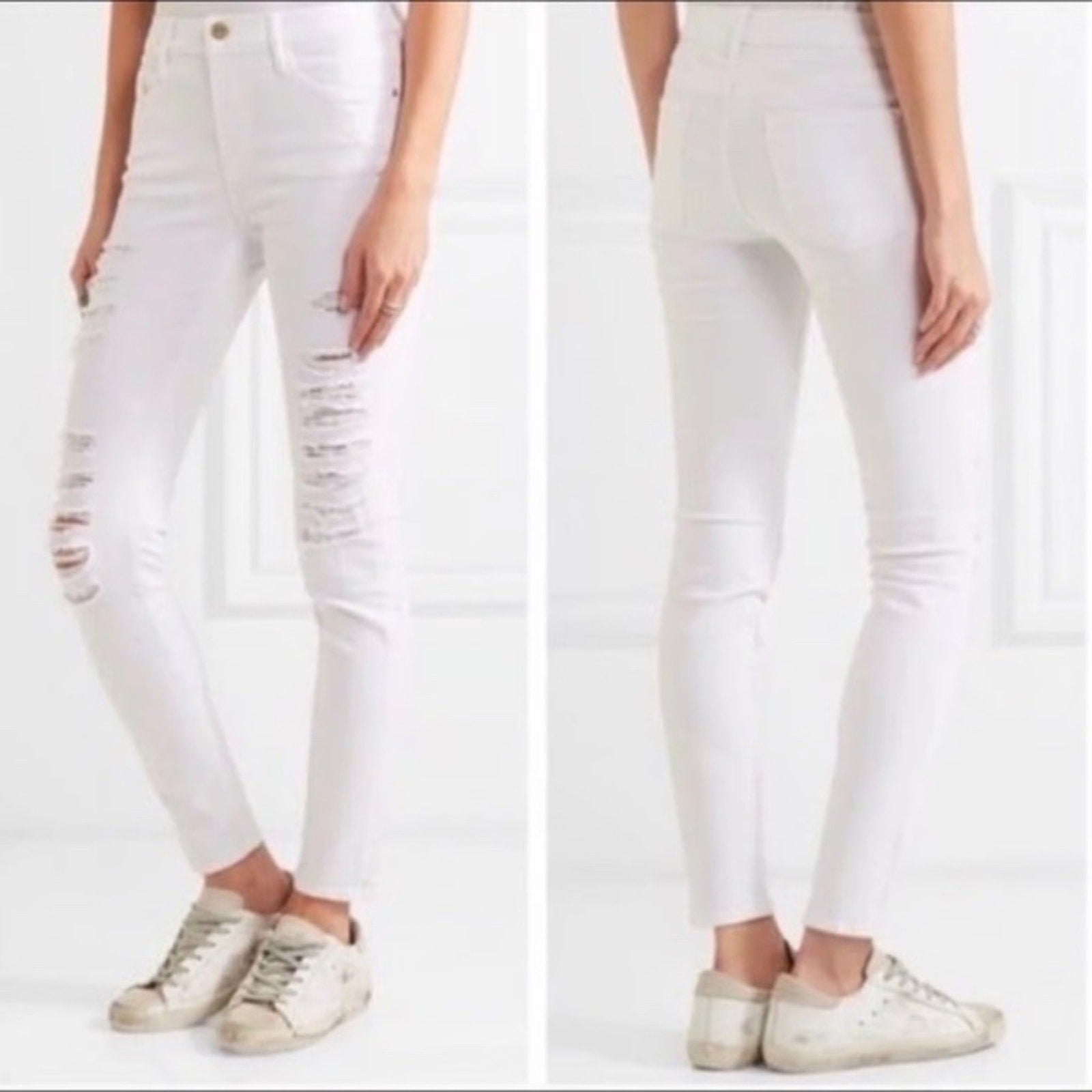 Frame Womens Le Skinny de Jeanne Distressed Jeans Blanc White - size 25