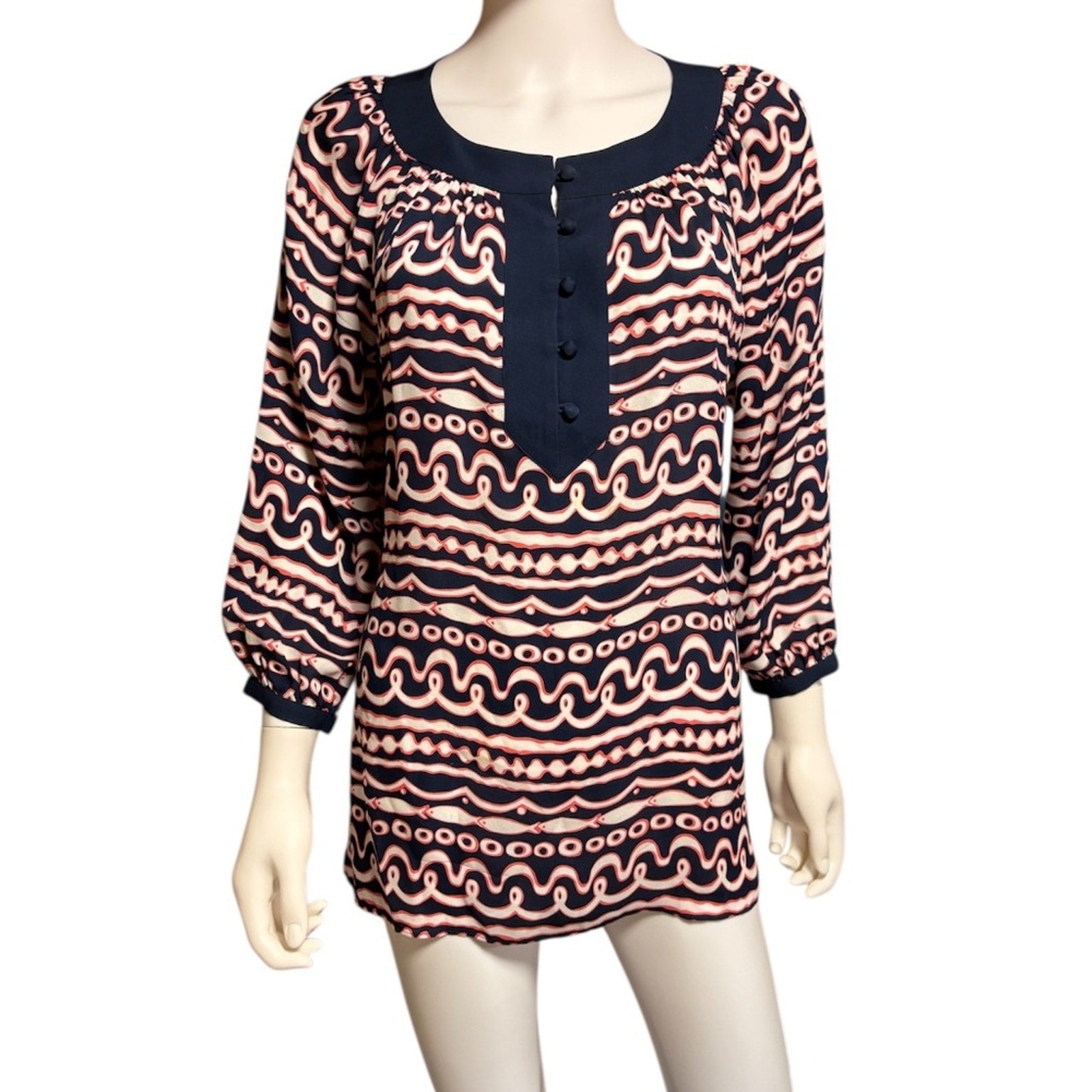 VINEYARD VINES Silk Blouse Women's Small Waves Fish Beach Button Sleeve - small