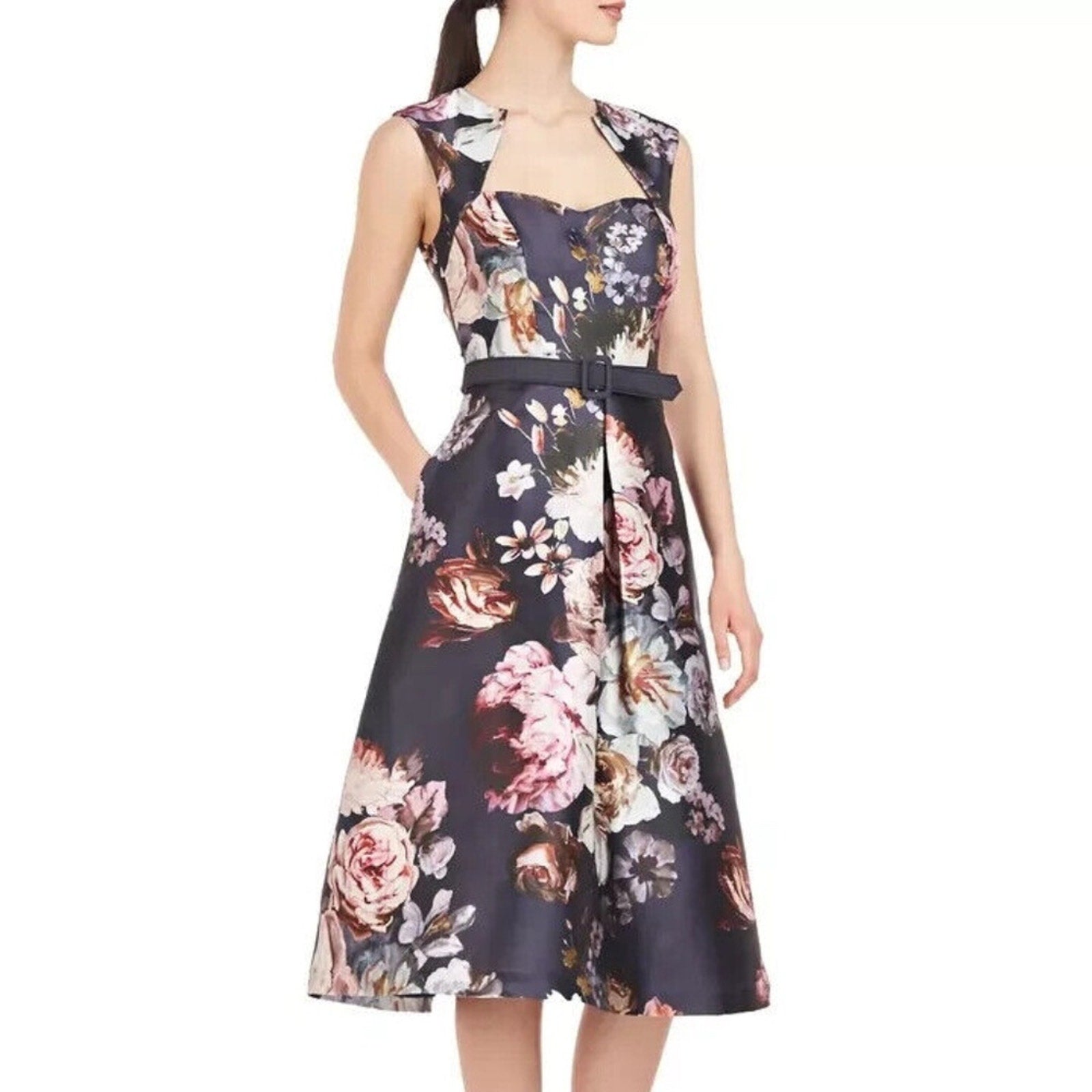 NWT Kay Unger Arielle Floral Print Midi Cocktail Dress Size 12 $288