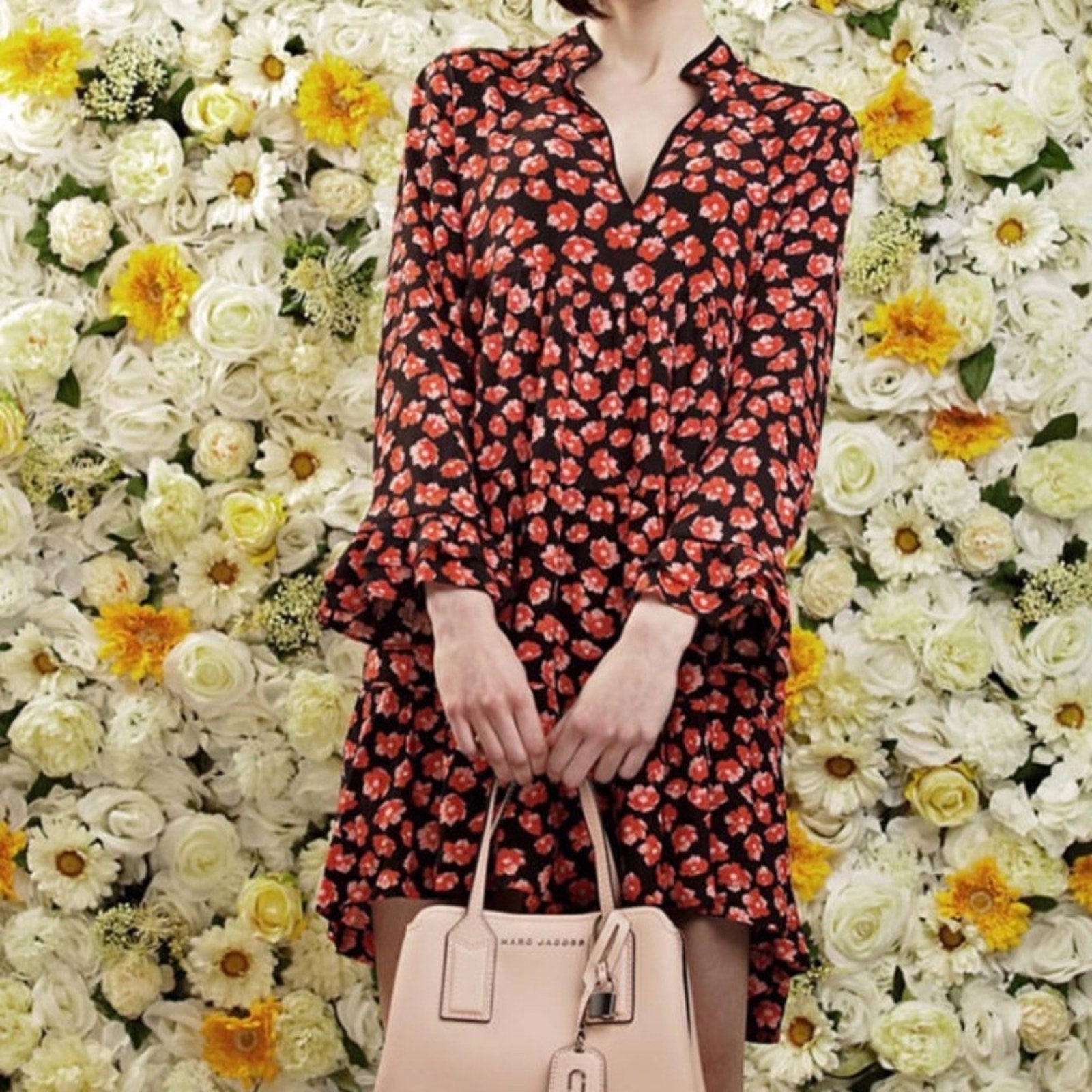 Ganni S Lindale Red Floral Crepe Mini Dress - size 34