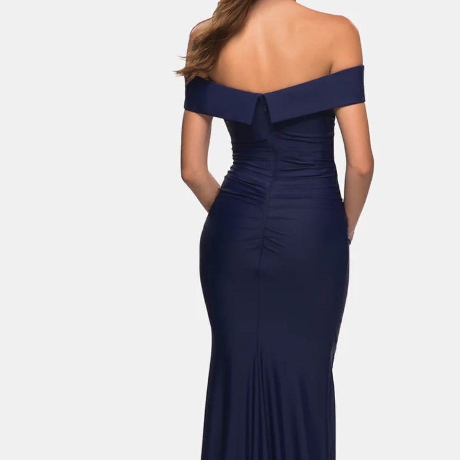 NWT La Femme 30422 Off the Shoulder Elegant Long Evening Gown Navy size 8