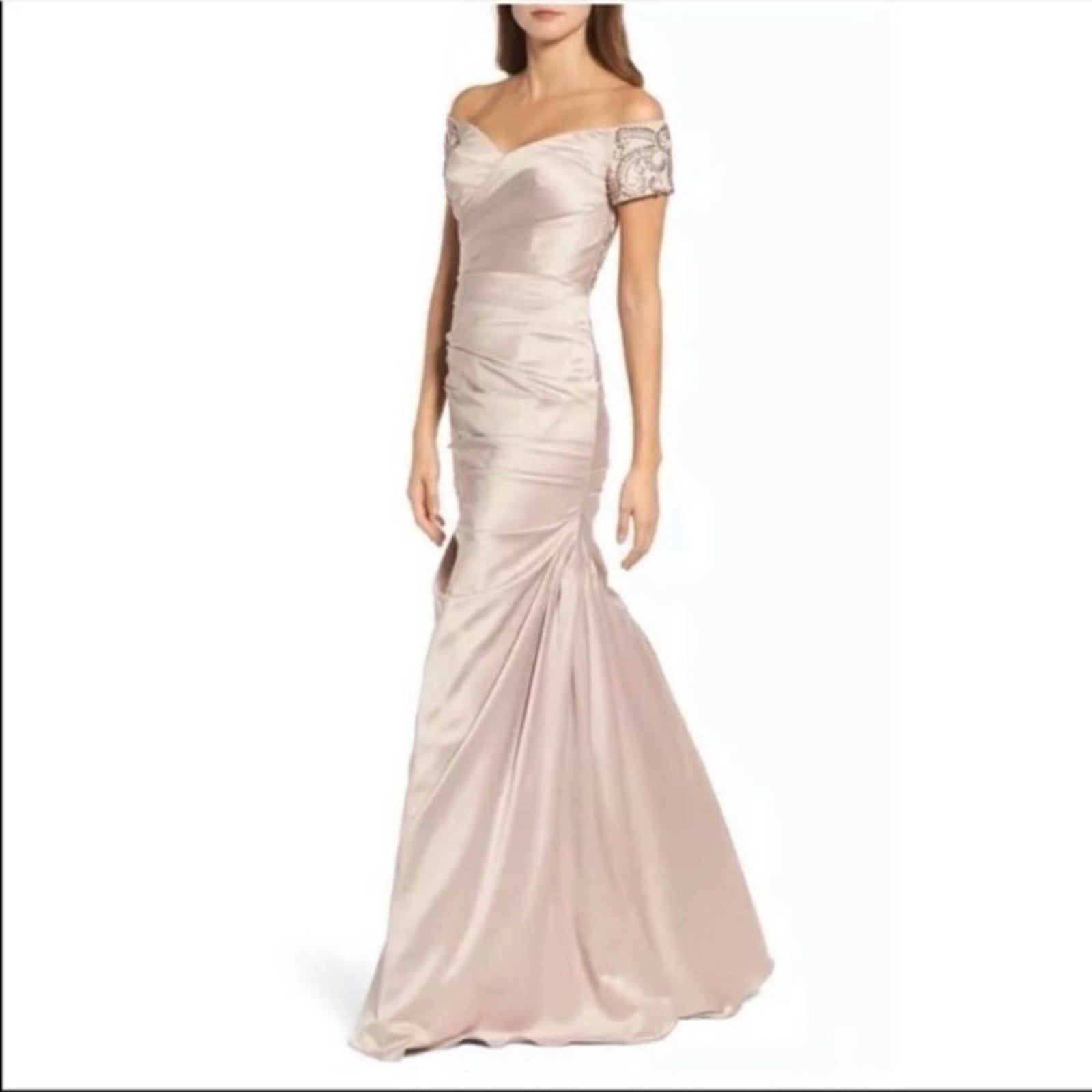NWT La Femme Off the Shoulder Beaded Satin Trumpet Gown in champagne - size 6