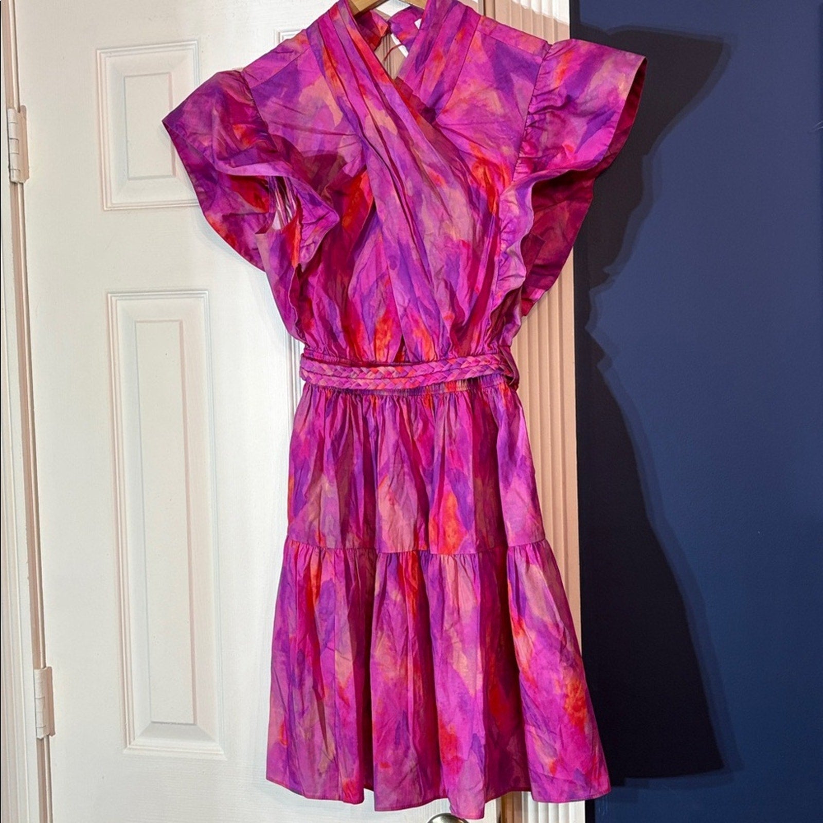 NWT Derek Lam 10 Crosby Finn Ruffle Wrap Dress, Fuchsia Multi - size 2
