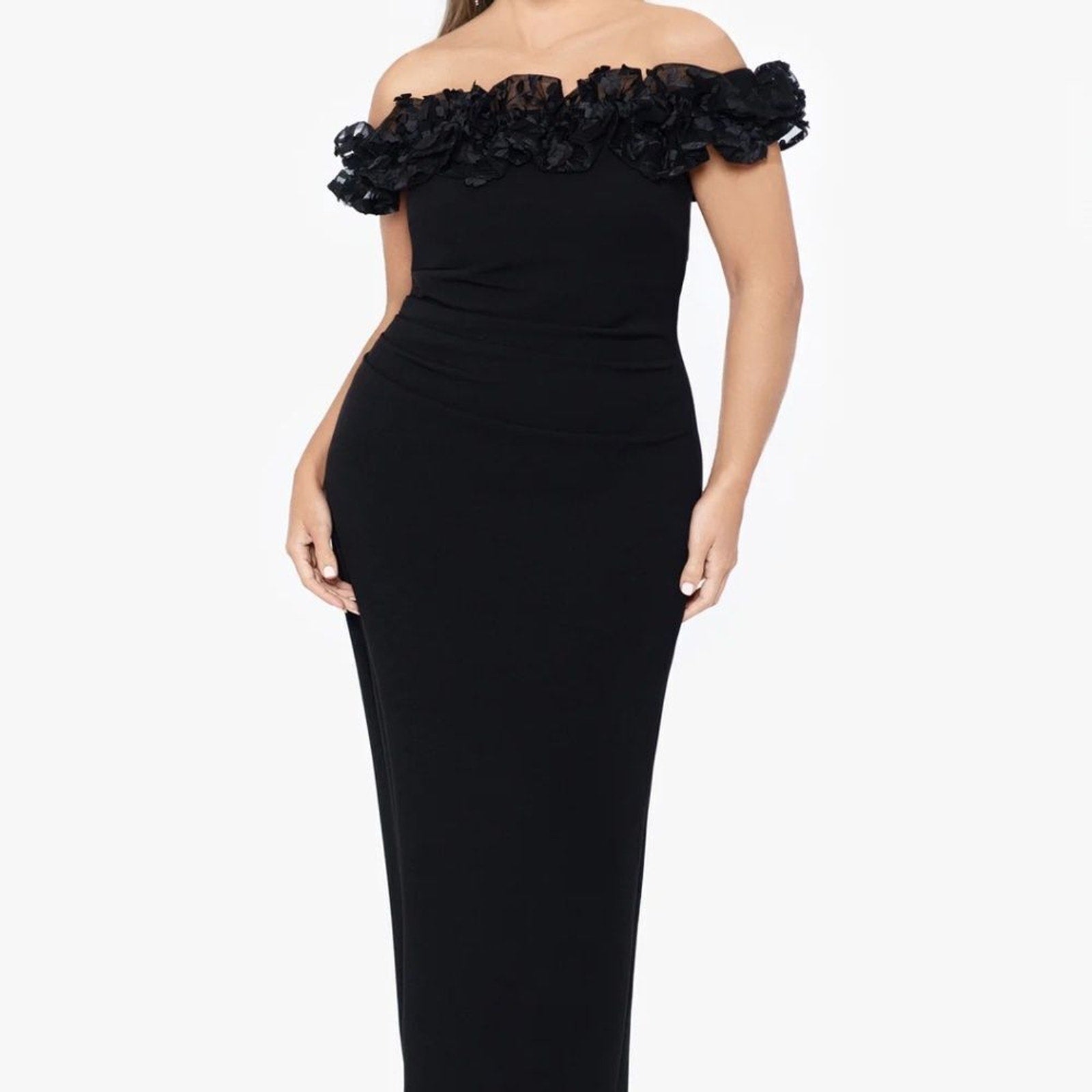 NEW XSCAPE Ruffle Off the Shoulder Scuba Crepe Gown