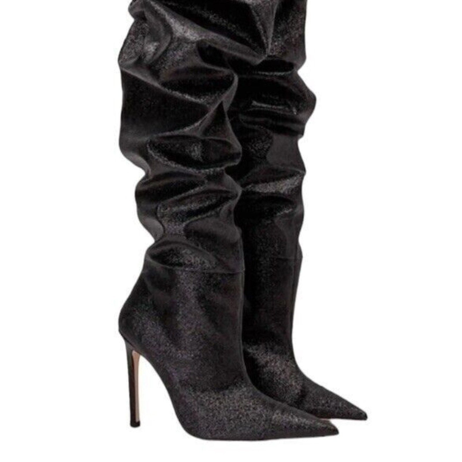 NEW Good American Boots Women Sz 5 Black Glitter Thigh Kardashian GA173G-X $349