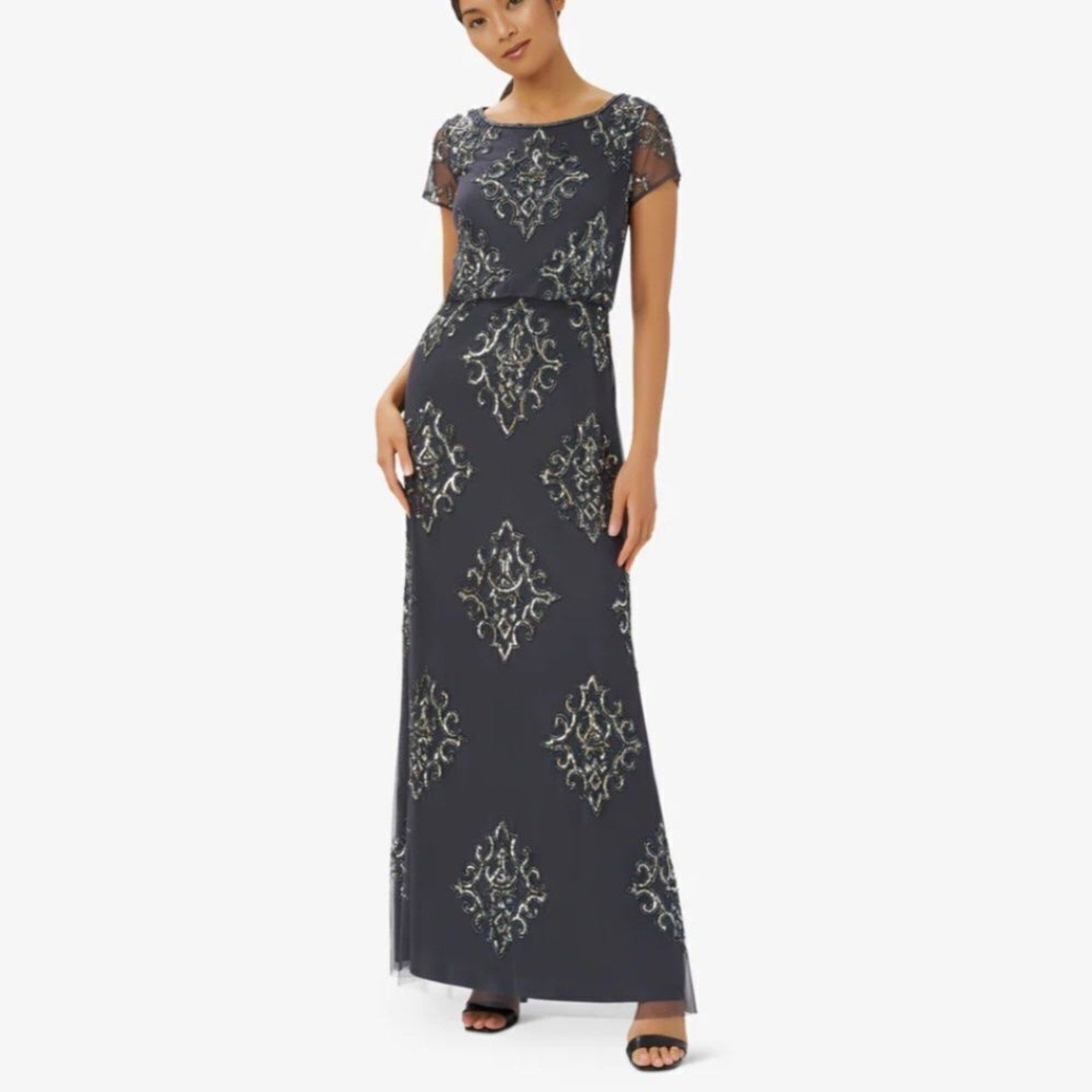 NWT Adrianna Papell HAND-BEADED LONG BLOUSON GOWN IN GUNMETAL - size 4