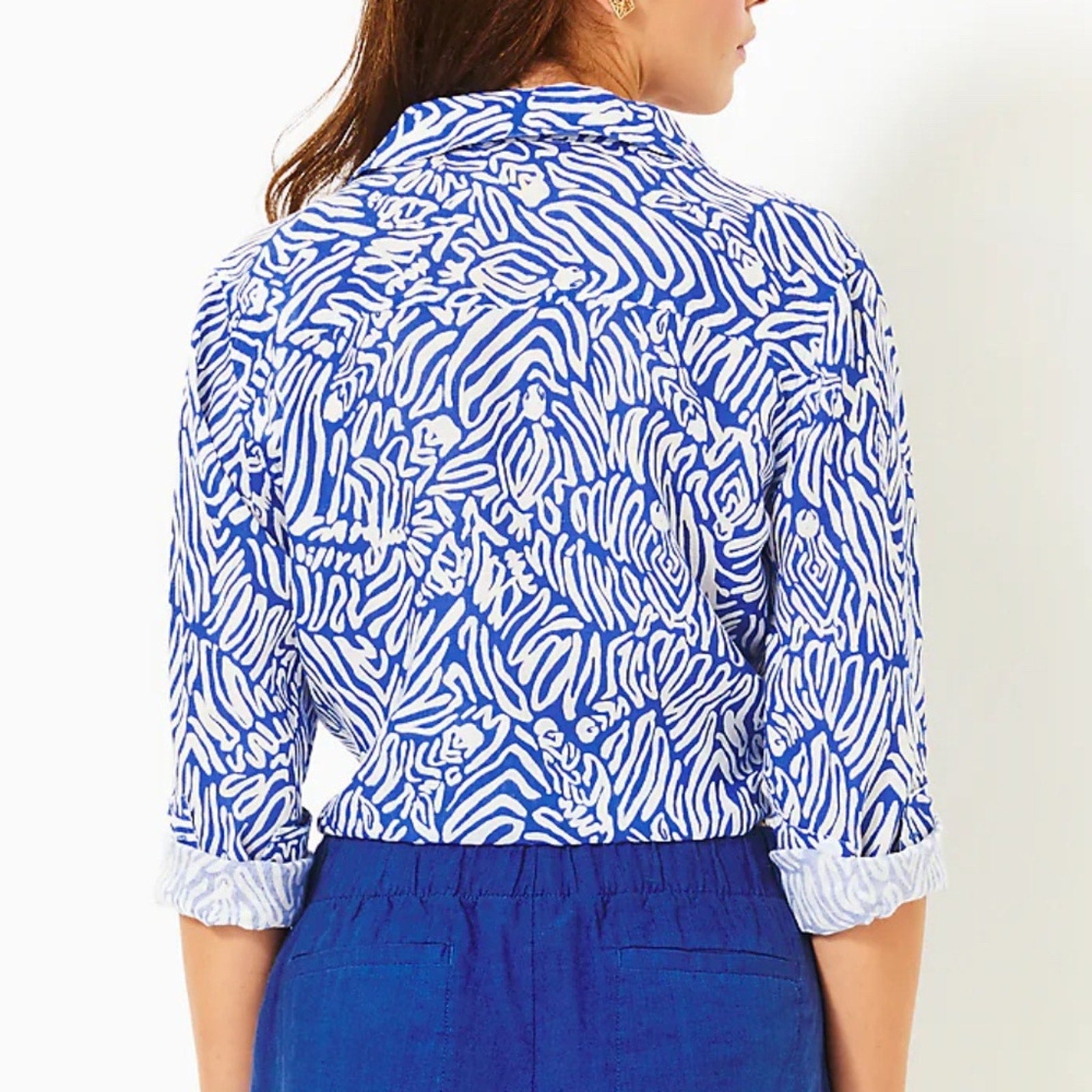 NEW Lilly Pulitzer SEA VIEW BUTTON DOWN, MARTINIQUE BLUE ZEE BEBE - size small