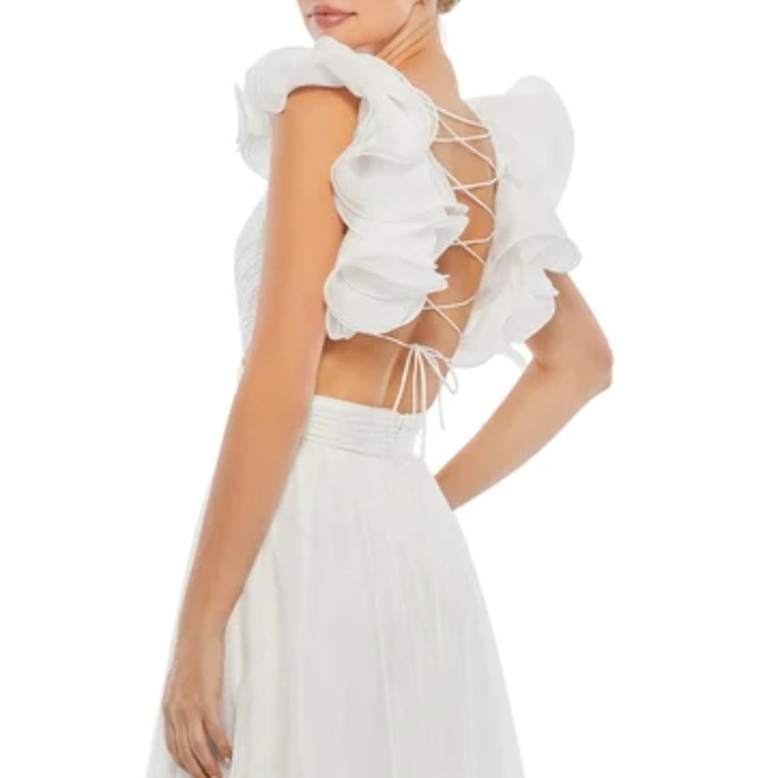 NWT Mac Duggal Indy A-Line Ruffled Back-Lace Chiffon Gown 67911 - size 8