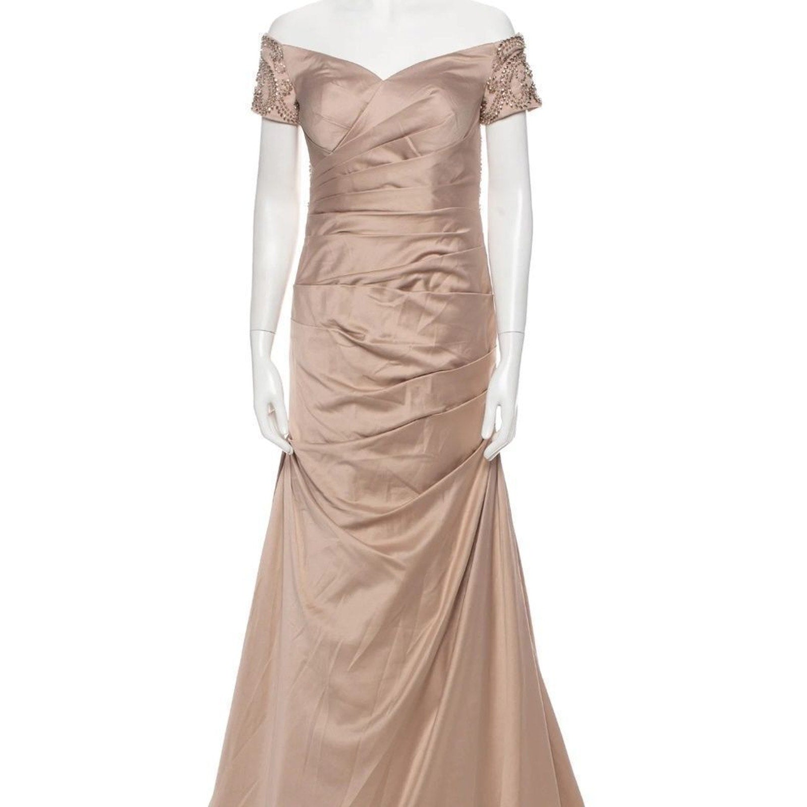 NWT La Femme Off the Shoulder Beaded Satin Trumpet Gown in champagne - size 6