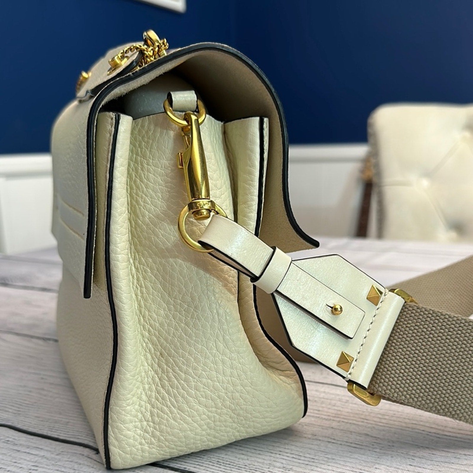 Valentino Garavani Pebbled Calfskin Mini VRing Shoulder Bag Light Ivory