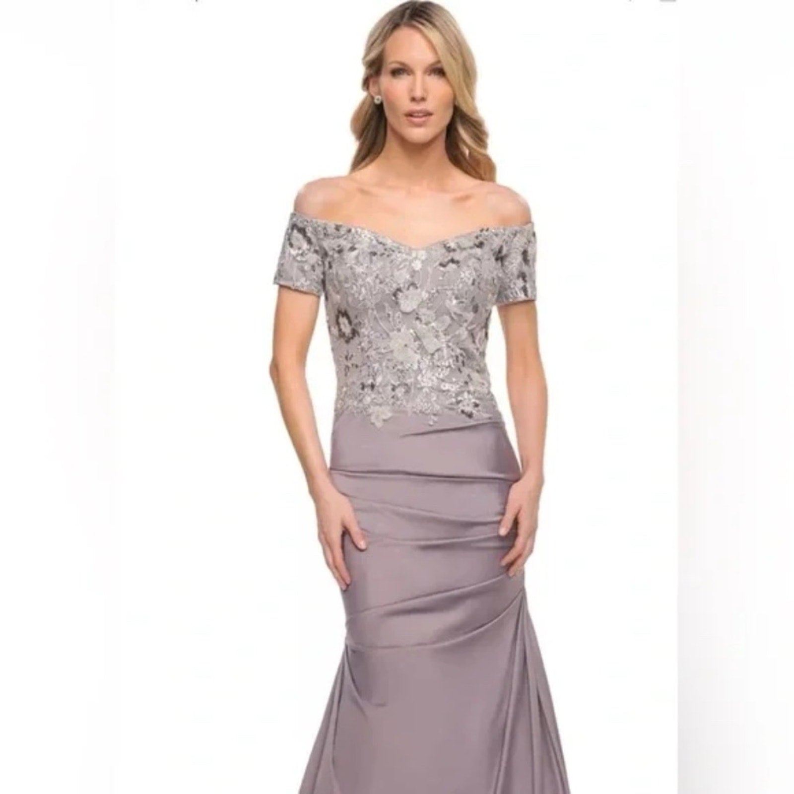 La Femme 30045 - Off-Shoulder Embroidered Gown in platinum - size 2