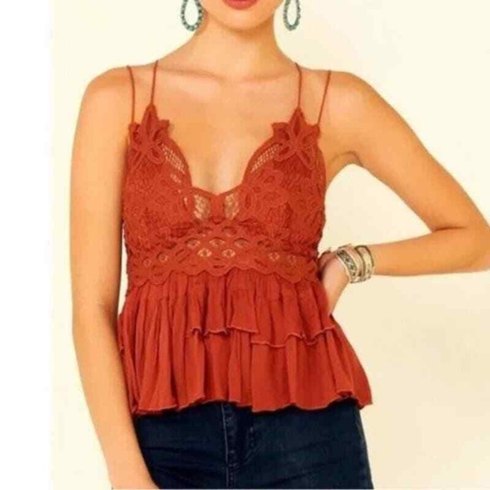 NWT Free People Women's Adella Cami Rust Orange Lace Ruffled Tank Top Size Large