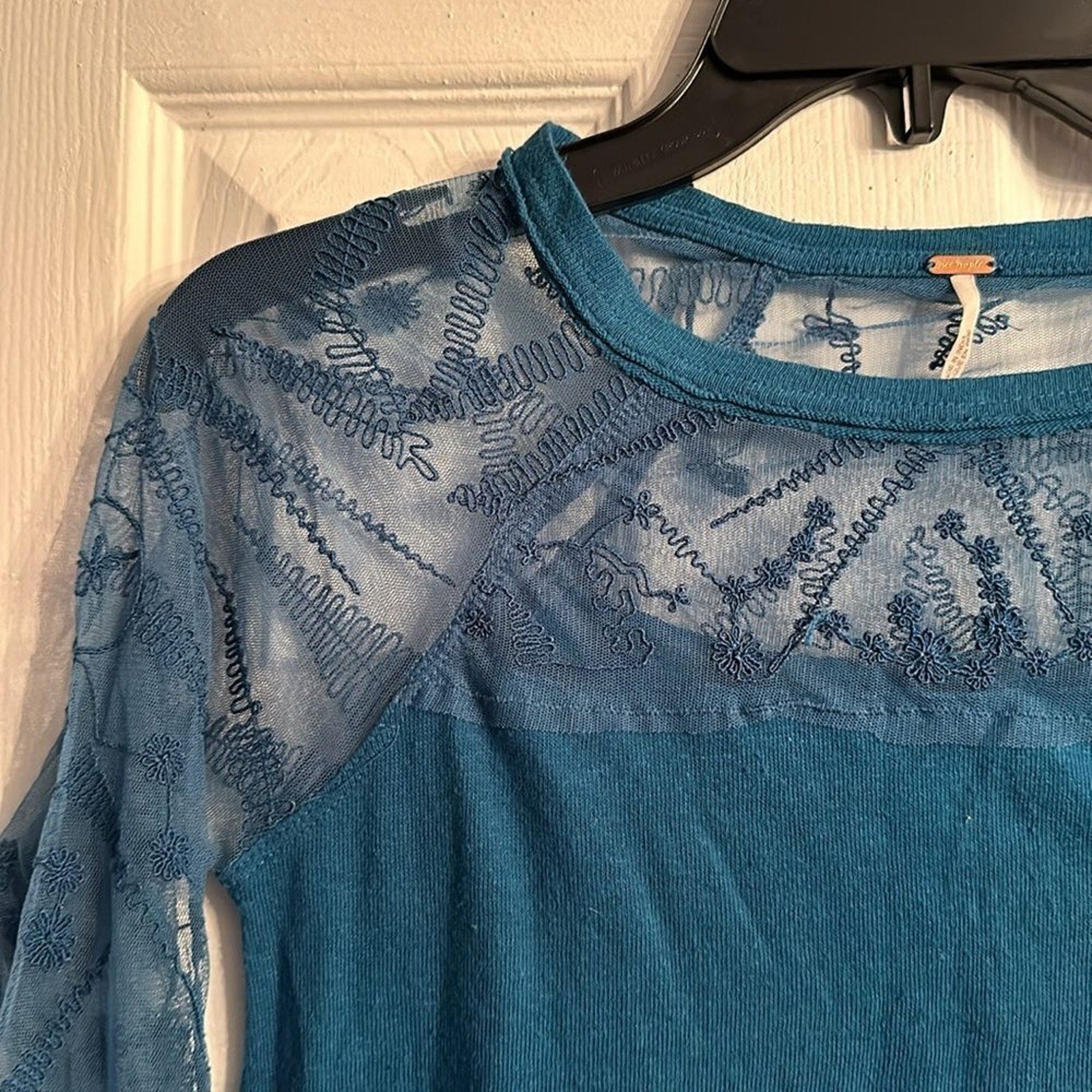 NEW Free People Sydney Embroidered Sheer Mesh Mixed Media Top Teal - size XS