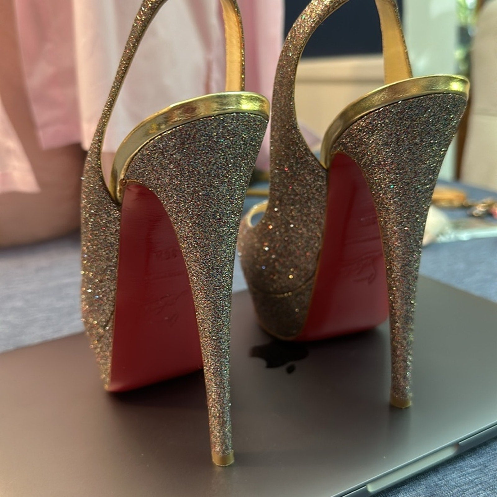 Christian Louboutin Metallic Multicolor Glitter Lady Peep Toe Platform Pump 36.5