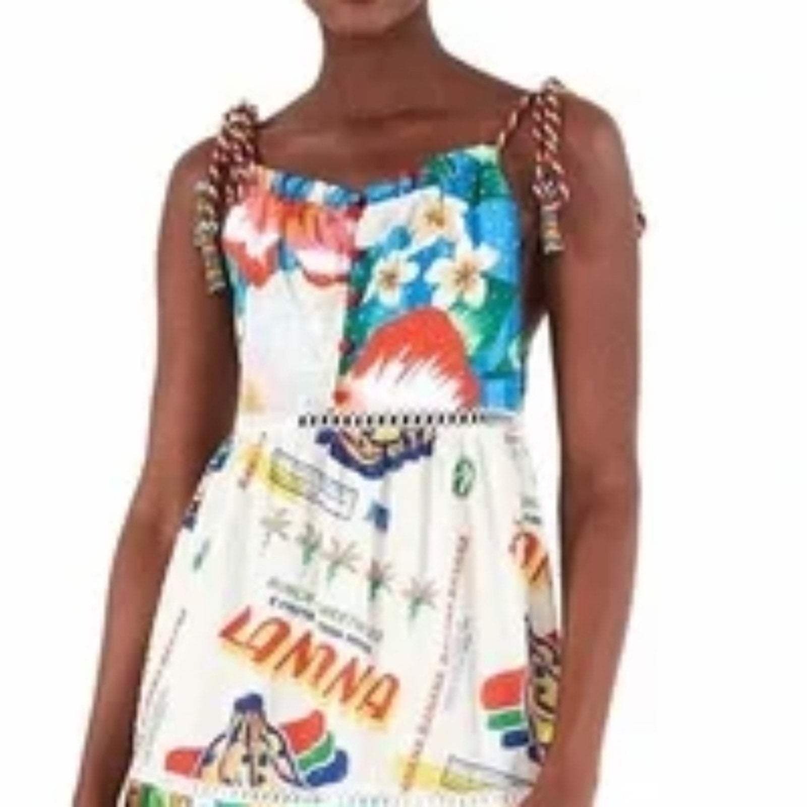 Farm Rio Maxi Dress Tiered Banana Floral Tropical Beaded Rope Straps - size S