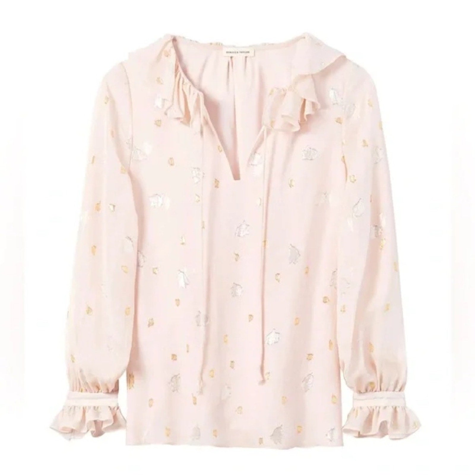 Rebecca Taylor Silk Floral Scattered Tulip Clip Ruffle Metallic Peasant Top - 12