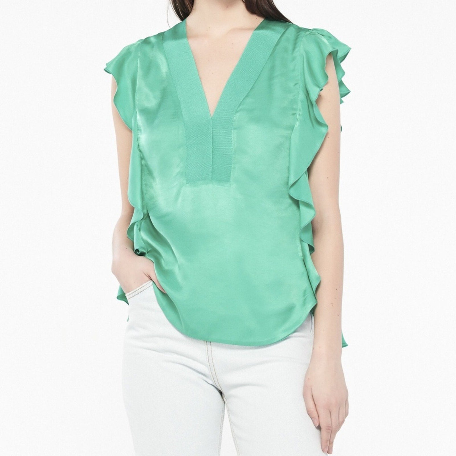 Sandro Green Crepe Viscose Ruffled Detail Top - size 3 (US 8)