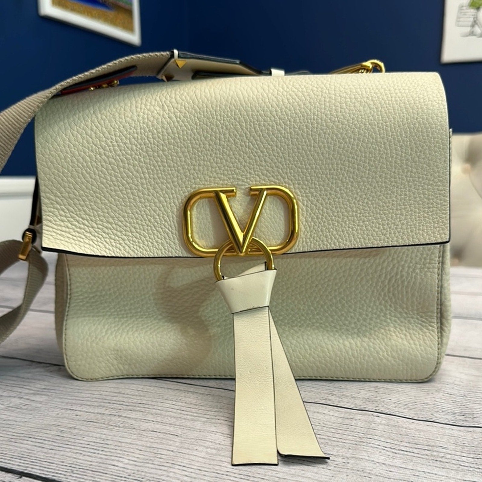 Valentino Garavani Pebbled Calfskin Mini VRing Shoulder Bag Light Ivory