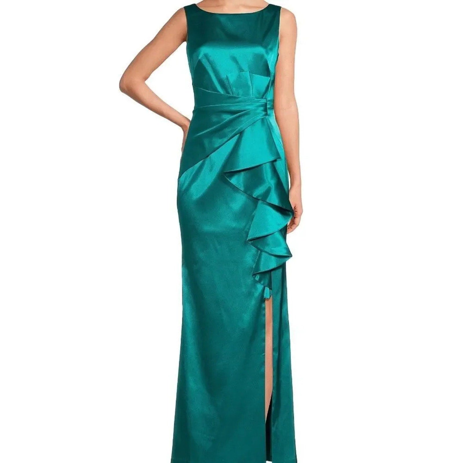 NWT Eliza J Stretch Satin Boat Neck Sleeveless Cascading Ruffle Side Slit Gown 8