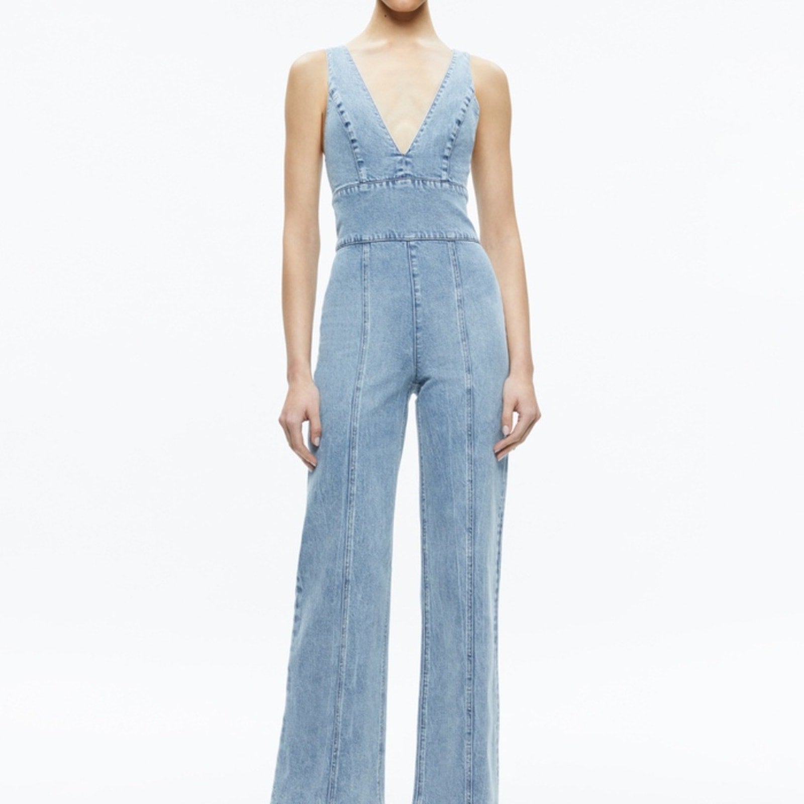 Alice + Olivia SANDRA DEEP V NECK JUMPSUIT in SULLIVAN VINTAGE BLUE - size 30