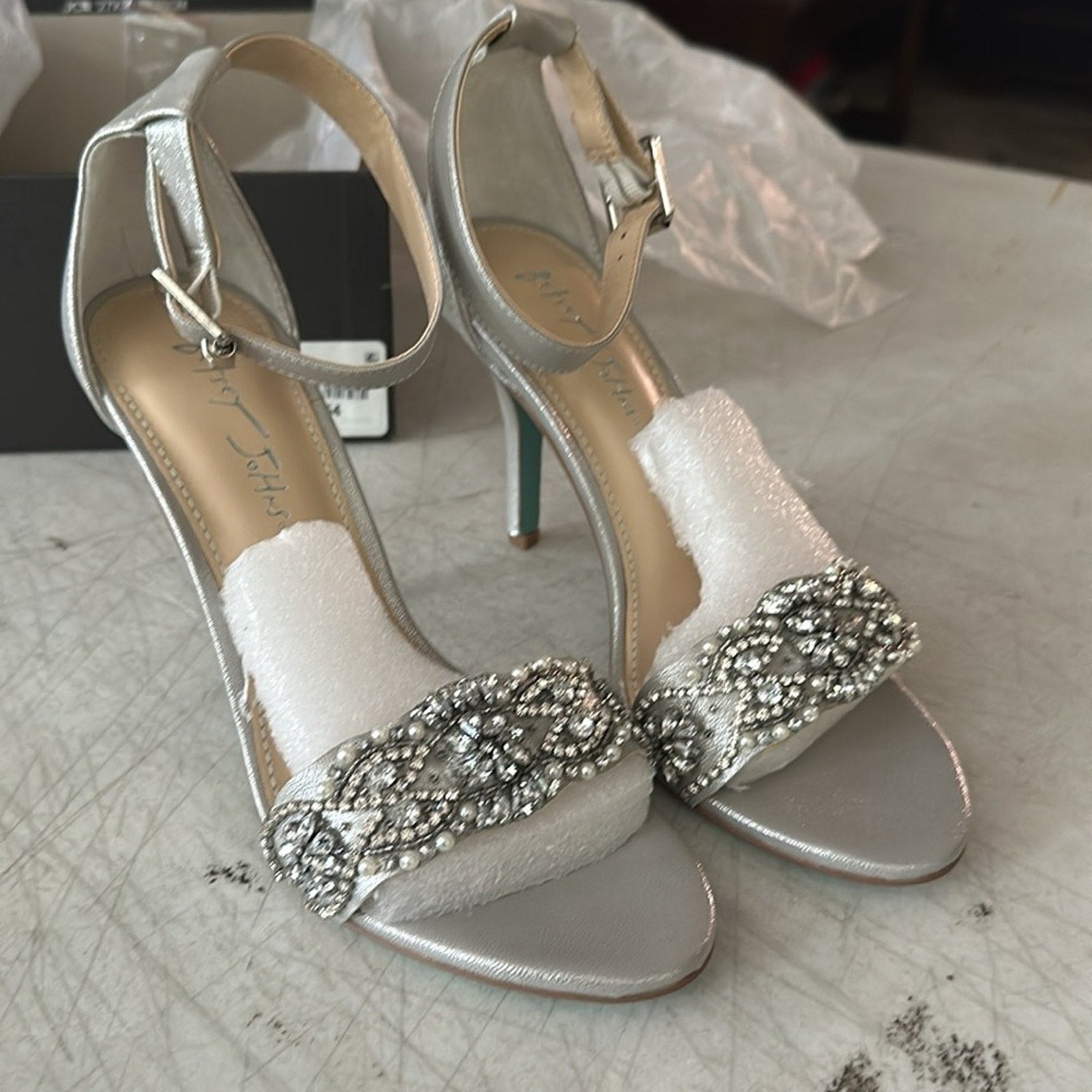 NEW Betsey Johnson Gina Jeweled Ankle Strap Dress Sandals Silver Satin Stiletto - 7.5