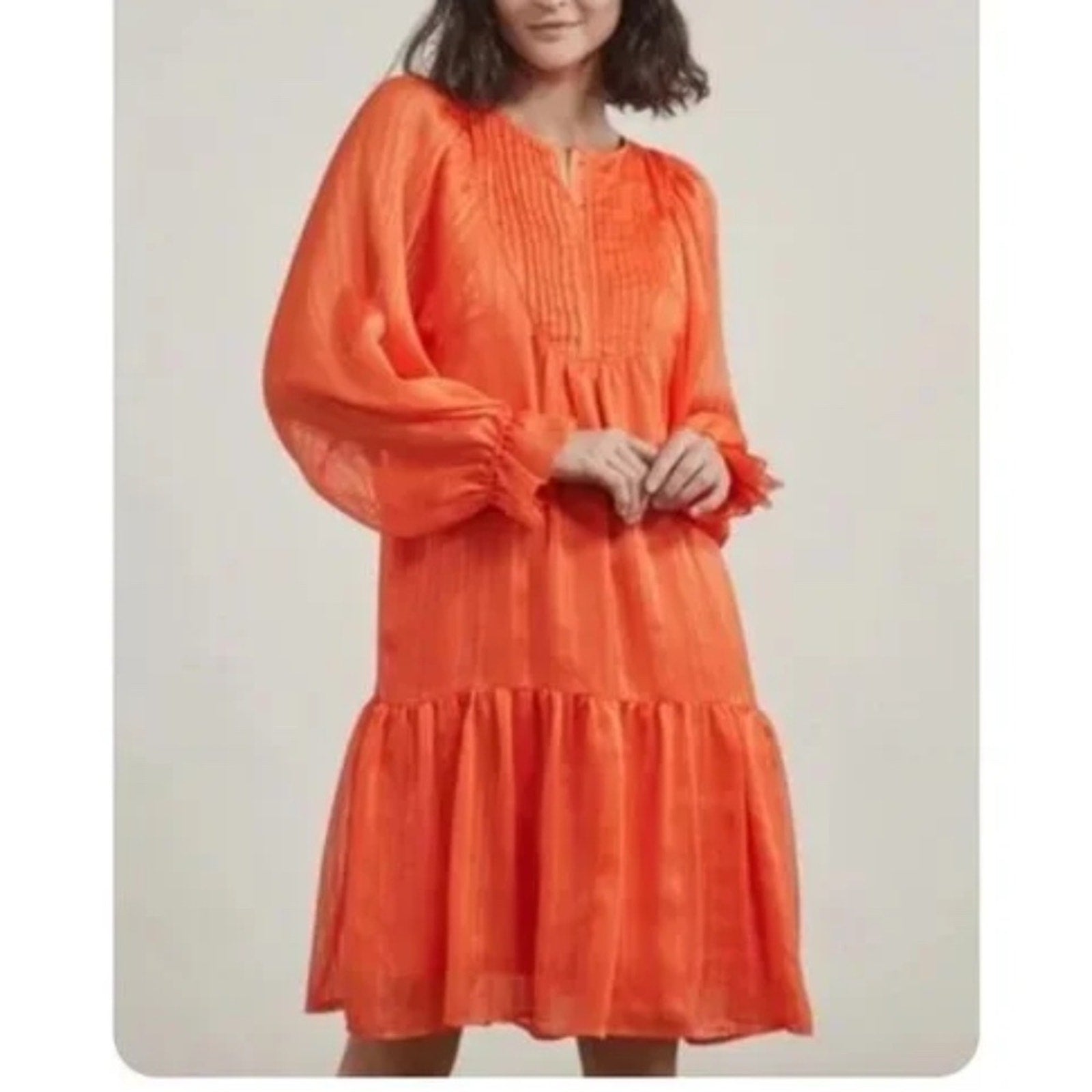 Elizabeth & James Orange Pintuck Bib Long Sleeve Dress - size small