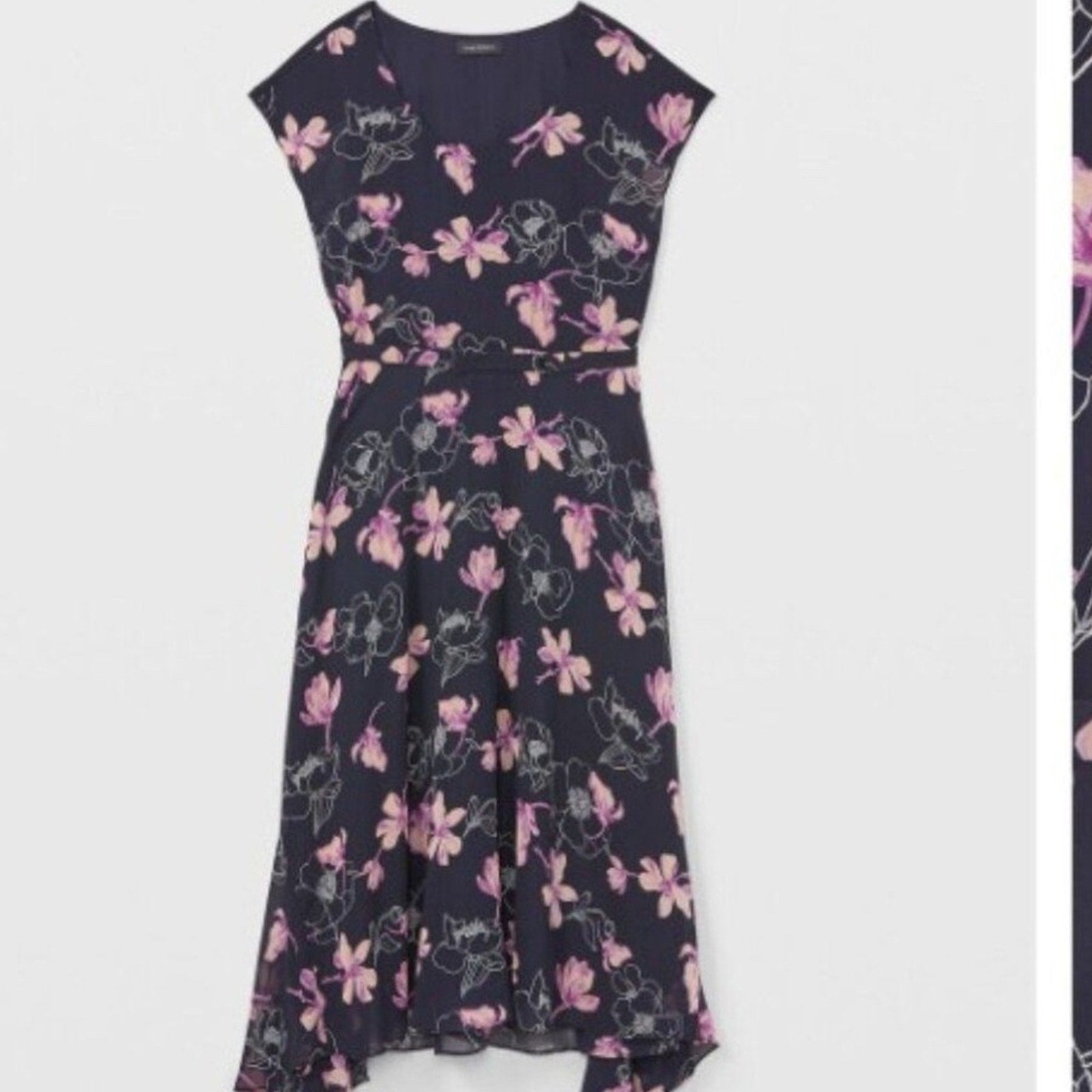 Club Monaco Navy Blue and Pink Floral Print Silk Midi Dress - size 12