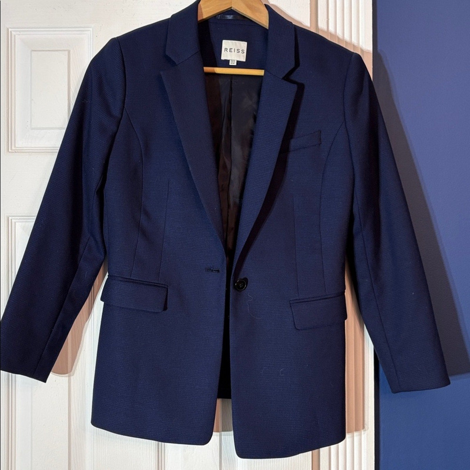 Reiss Womens Navy Single-Breasted wool blend blazer - size 8