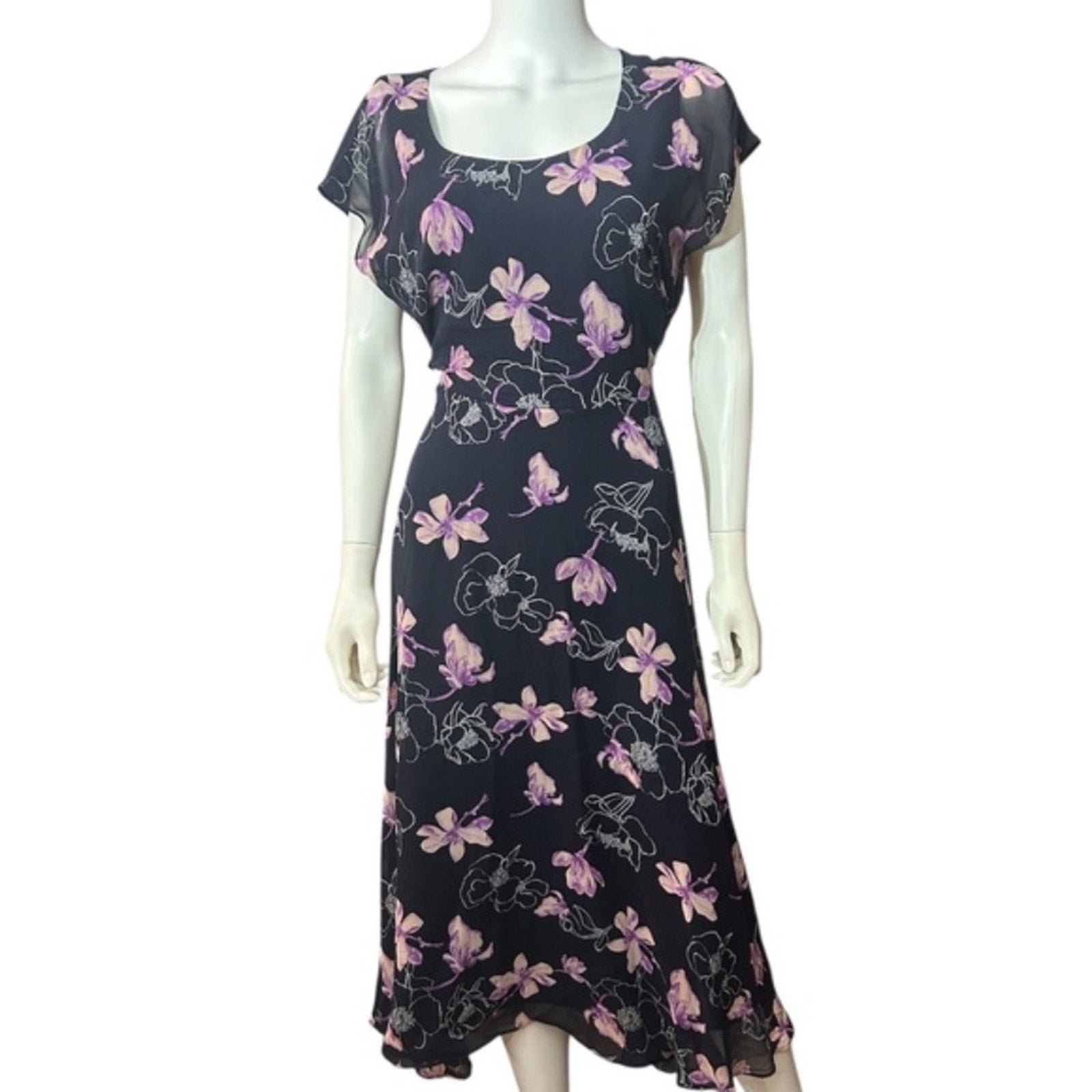 Club Monaco Navy Blue and Pink Floral Print Silk Midi Dress - size 12