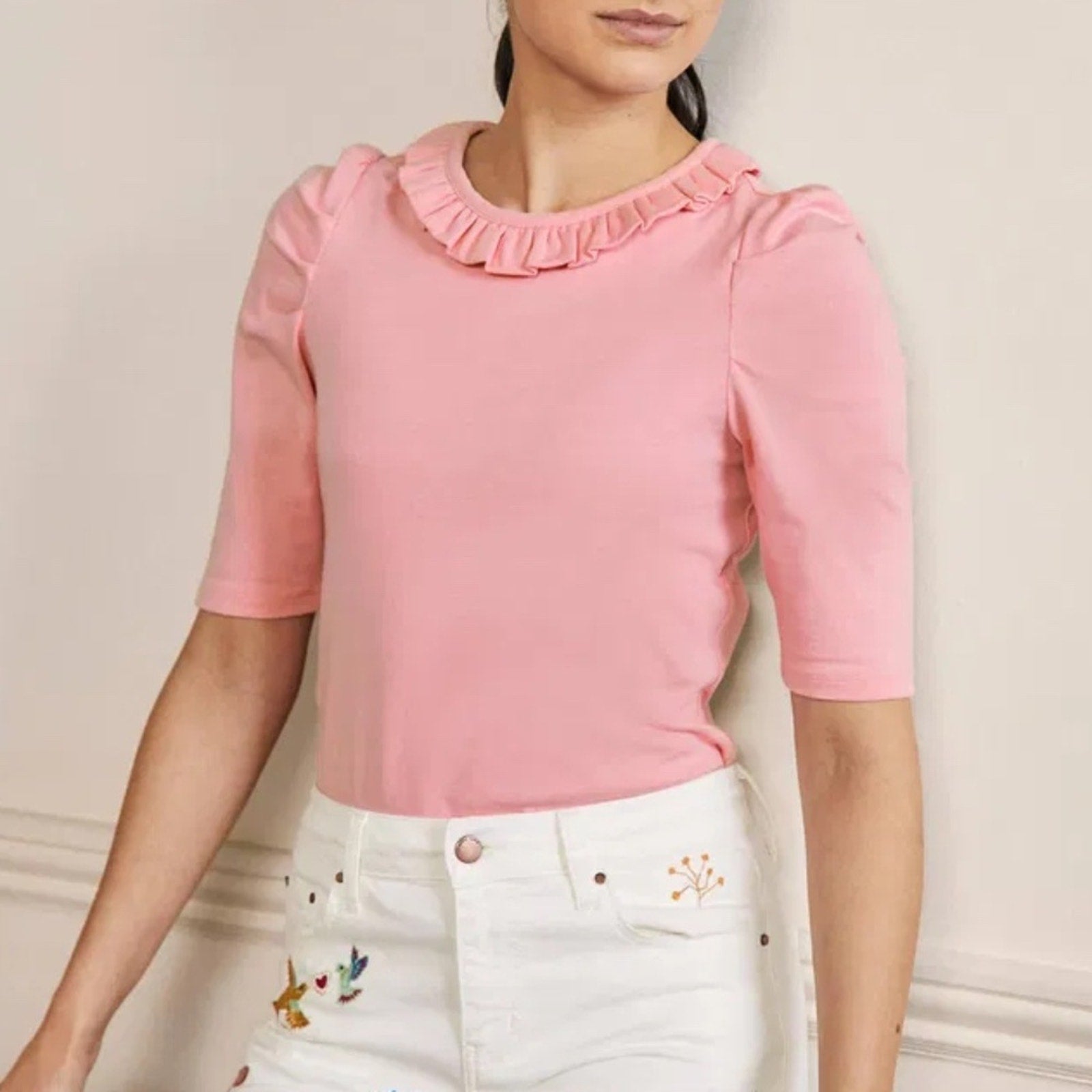 BODEN  Puff Sleeve Frill Neck T-Shirt - SIZE 4
