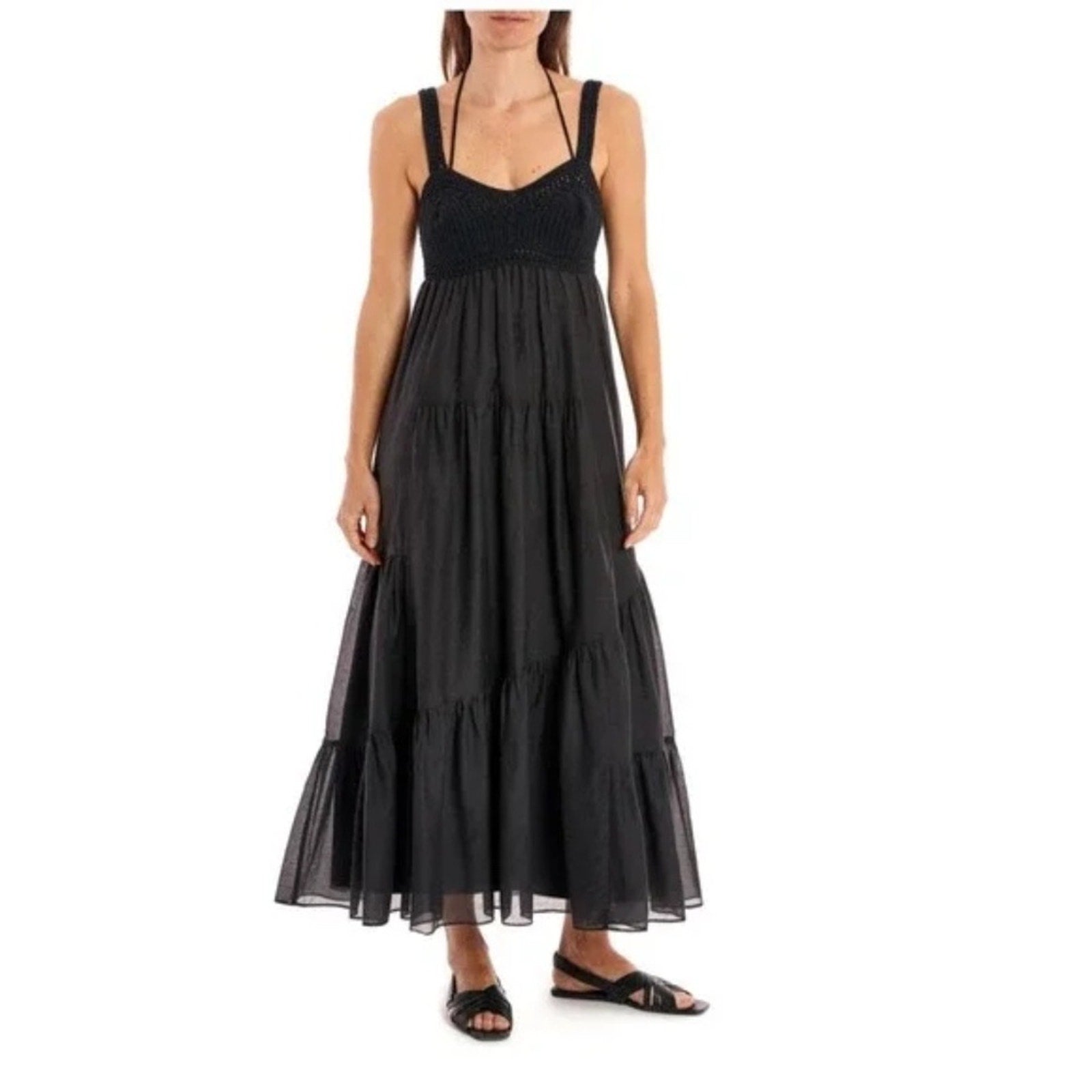 NEW La Ligne Jane Black Crochet Bodice Cotton & Silk Maxi Sundress - size M