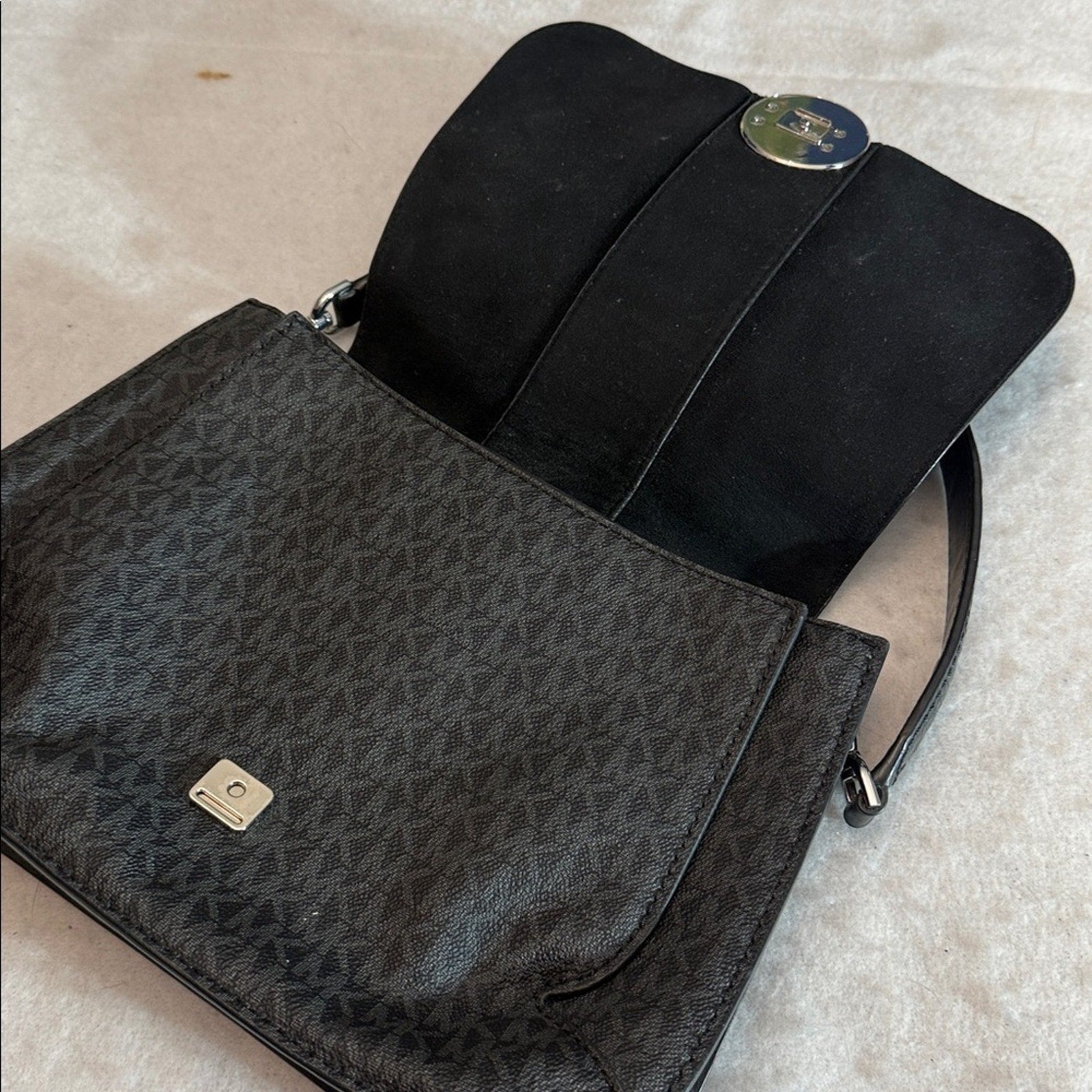 Michael Kors Lillie Signature Polished Top-Handle Satchel (Black/Silver)