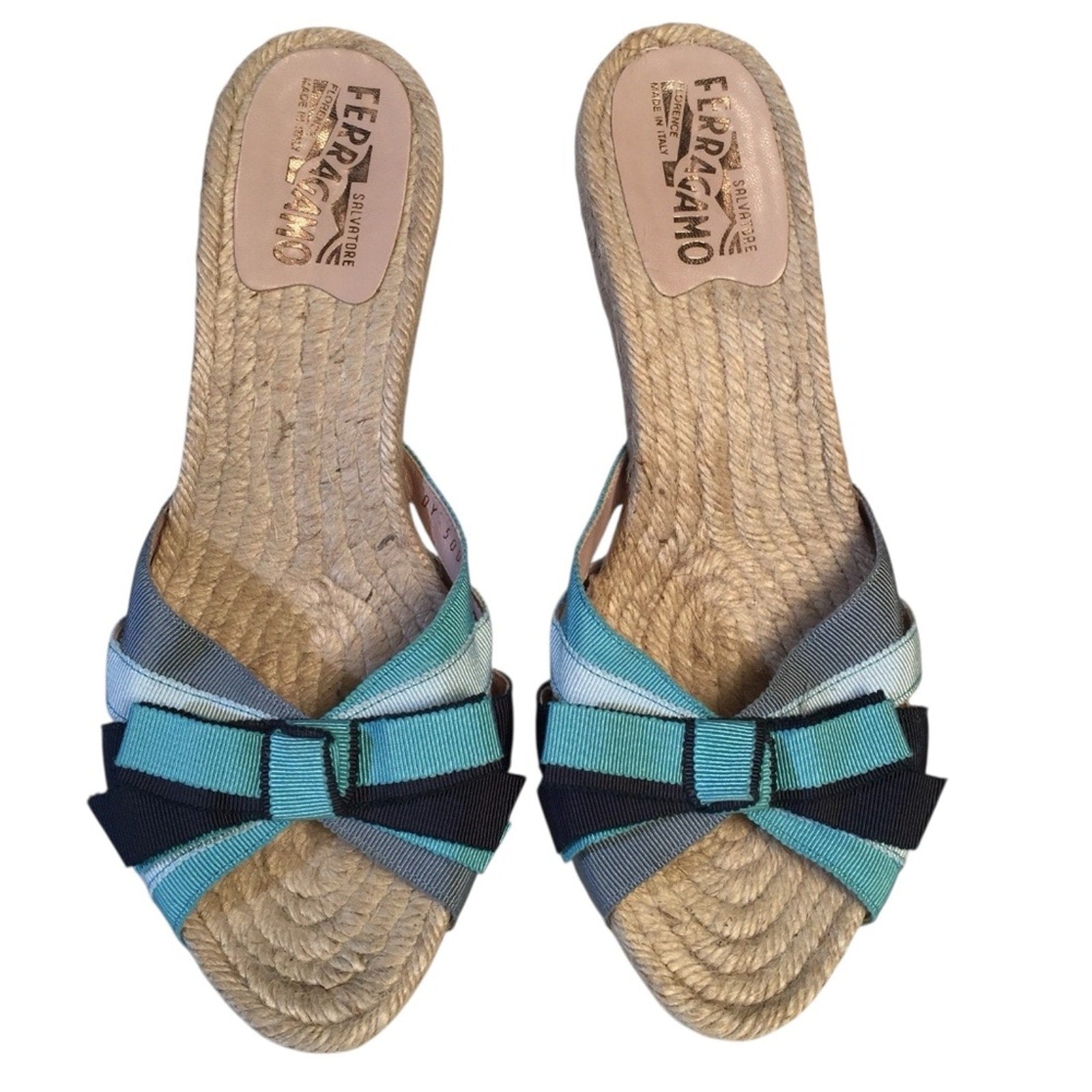 SALVATORE FERRAGAMO Blue Ribbon Espadrille Wedge Sandals 8.5 B