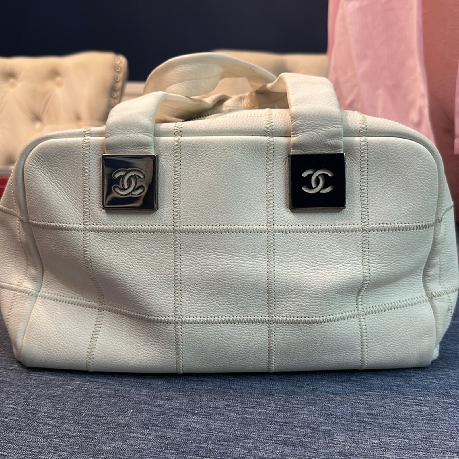 Chanel Chocolate Bar Boston Bag White Rare Caviar Skin