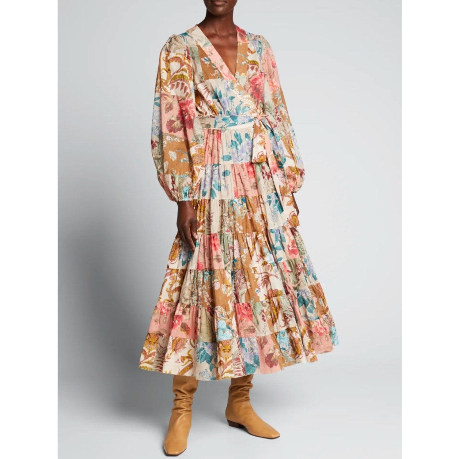 ZIMMERMANN Cassia Patchwork Floral Print Wrap Midi Dress - 0 (XS) 🌟