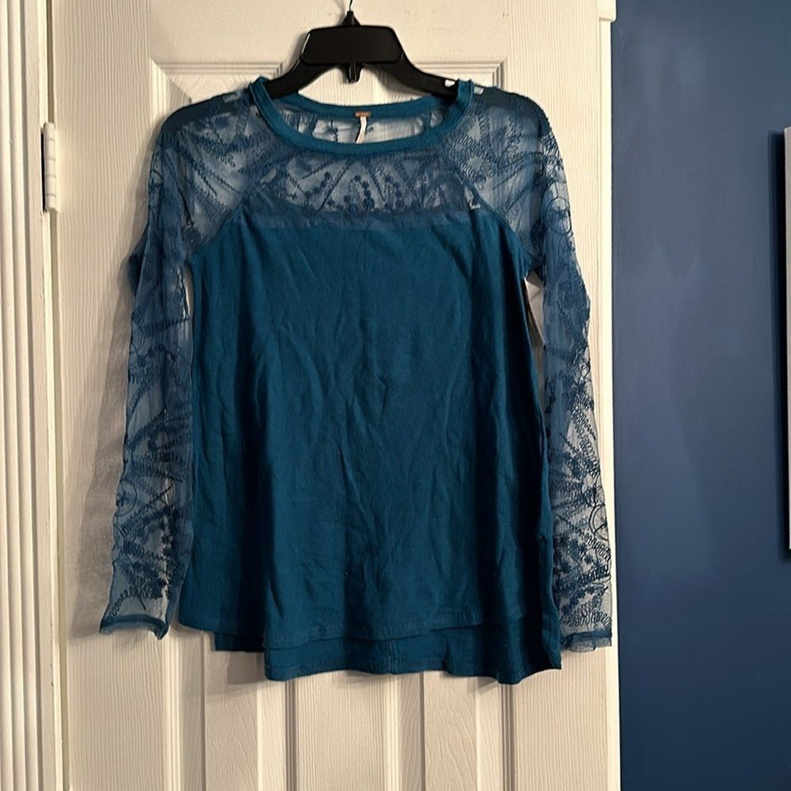 NEW Free People Sydney Embroidered Sheer Mesh Mixed Media Top Teal - size XS