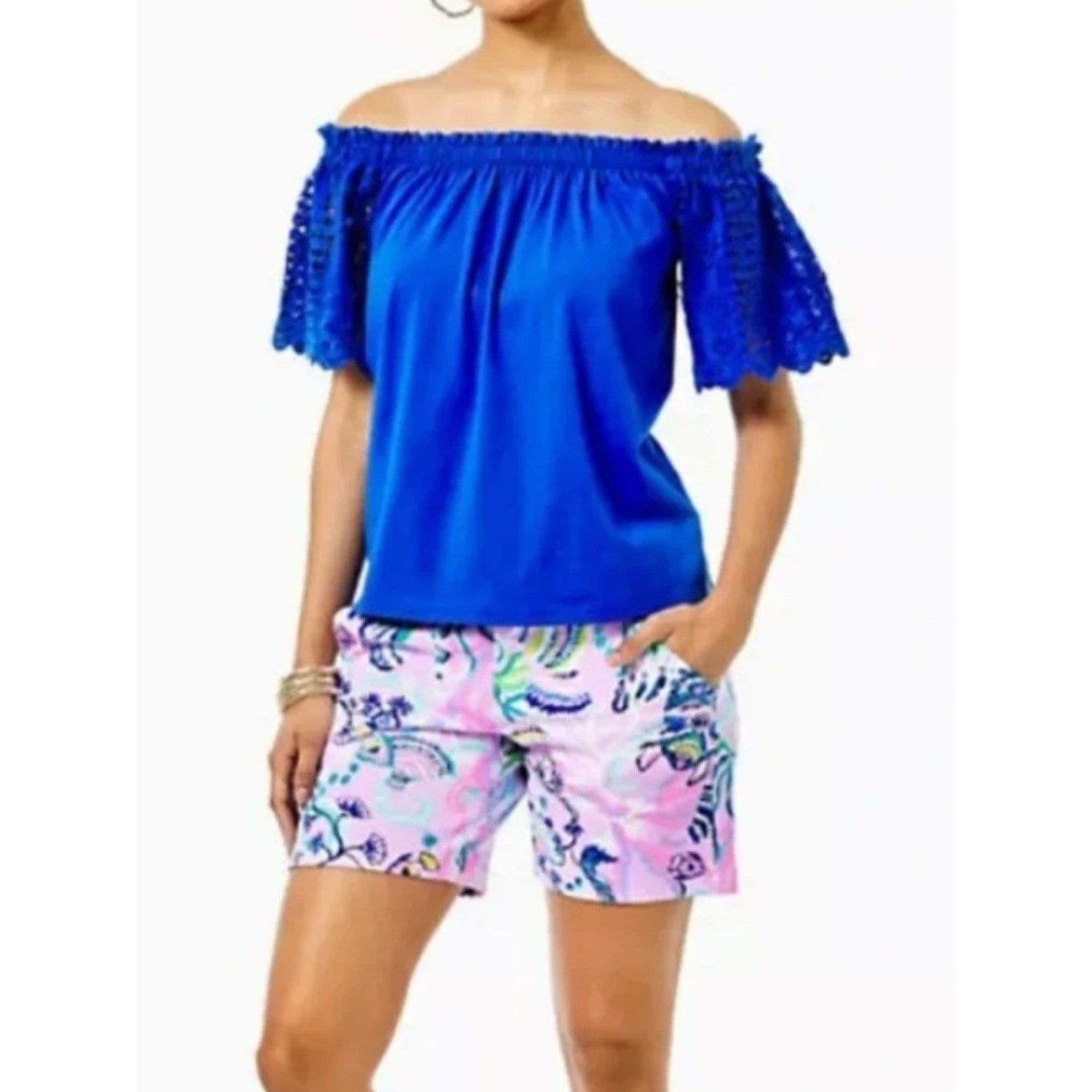 Lilly Pulitzer Fayette Off-The-Shoulder Top Baha Blue - L