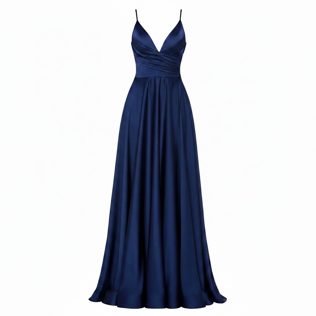 La Femme Long Satin Dress with Side Slit and V Shaped Back in Navy - 12