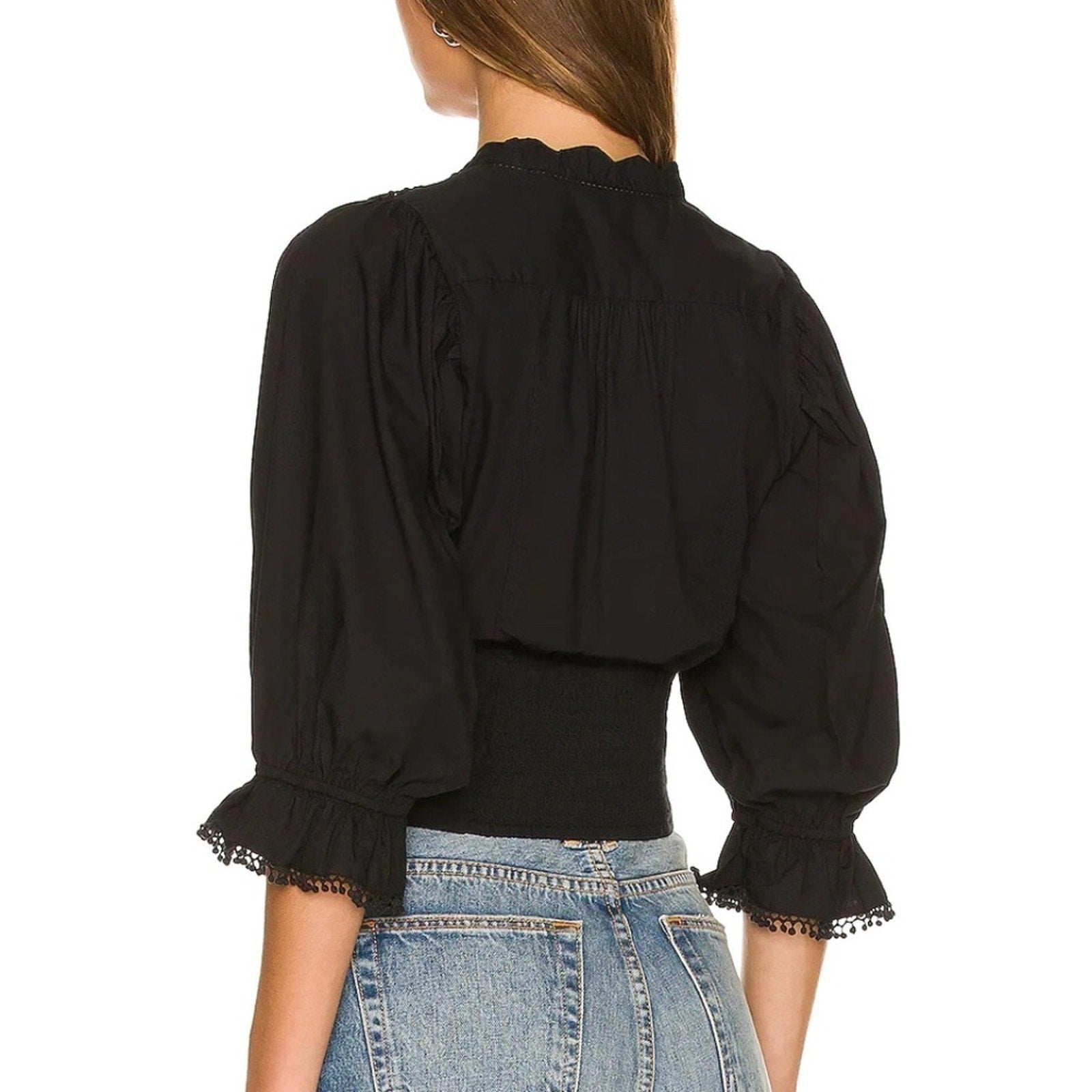 FREE PEOPLE Black Louella Embroidered Smocked Cut-out V-Neck Crop Top M